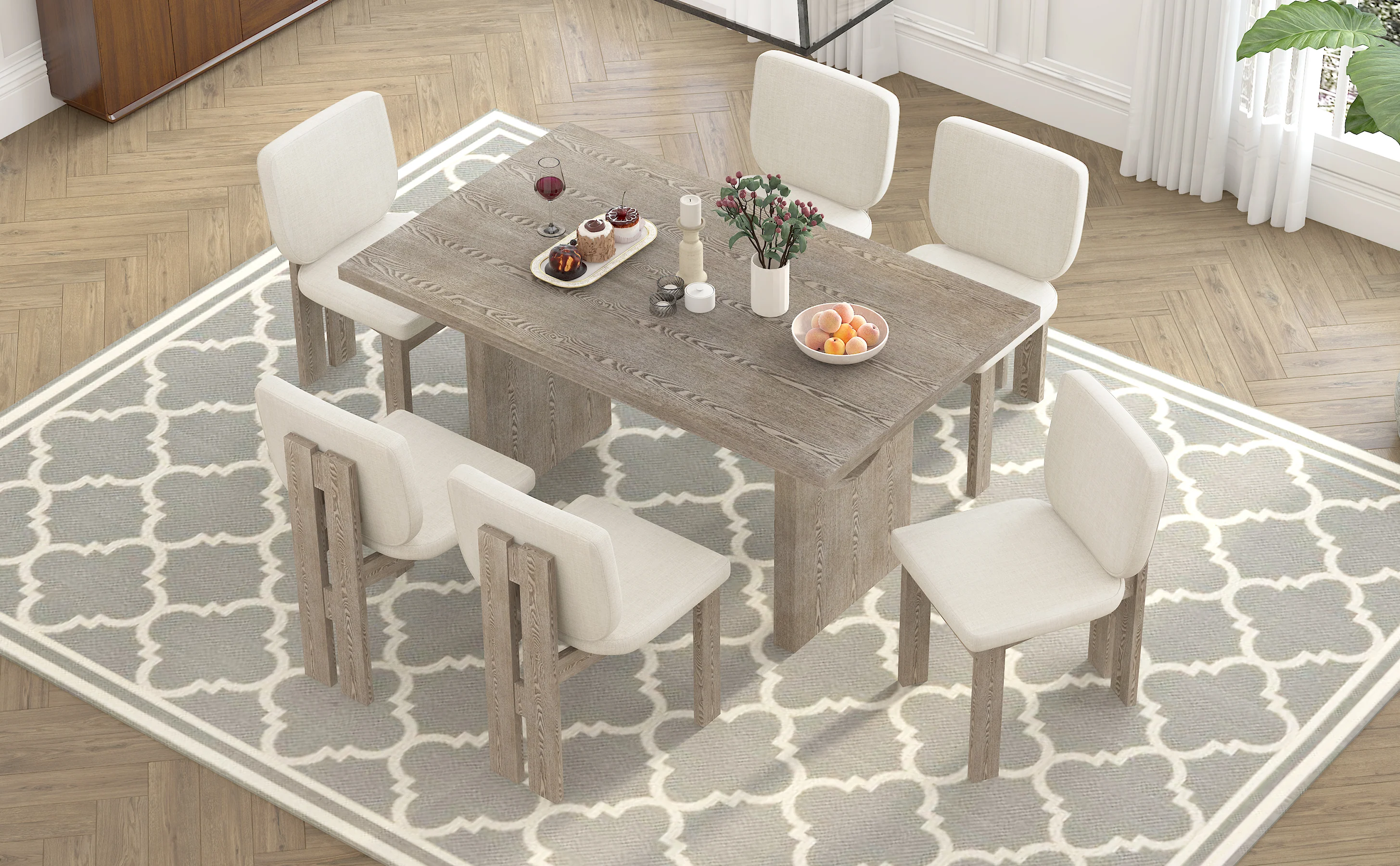 Walker Edison | Natural Wood Wash 7-Piece Retro Dining Set with 6 Upholstered Chairs - Image 31