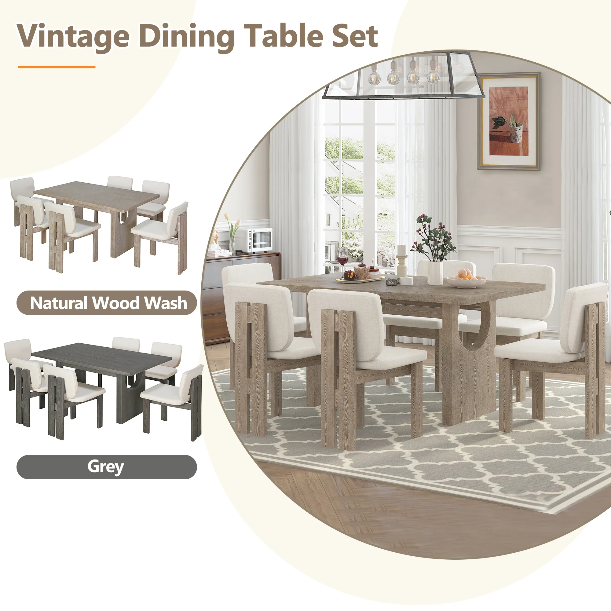 Walker Edison | Natural Wood Wash 7-Piece Retro Dining Set with 6 Upholstered Chairs - Image 5