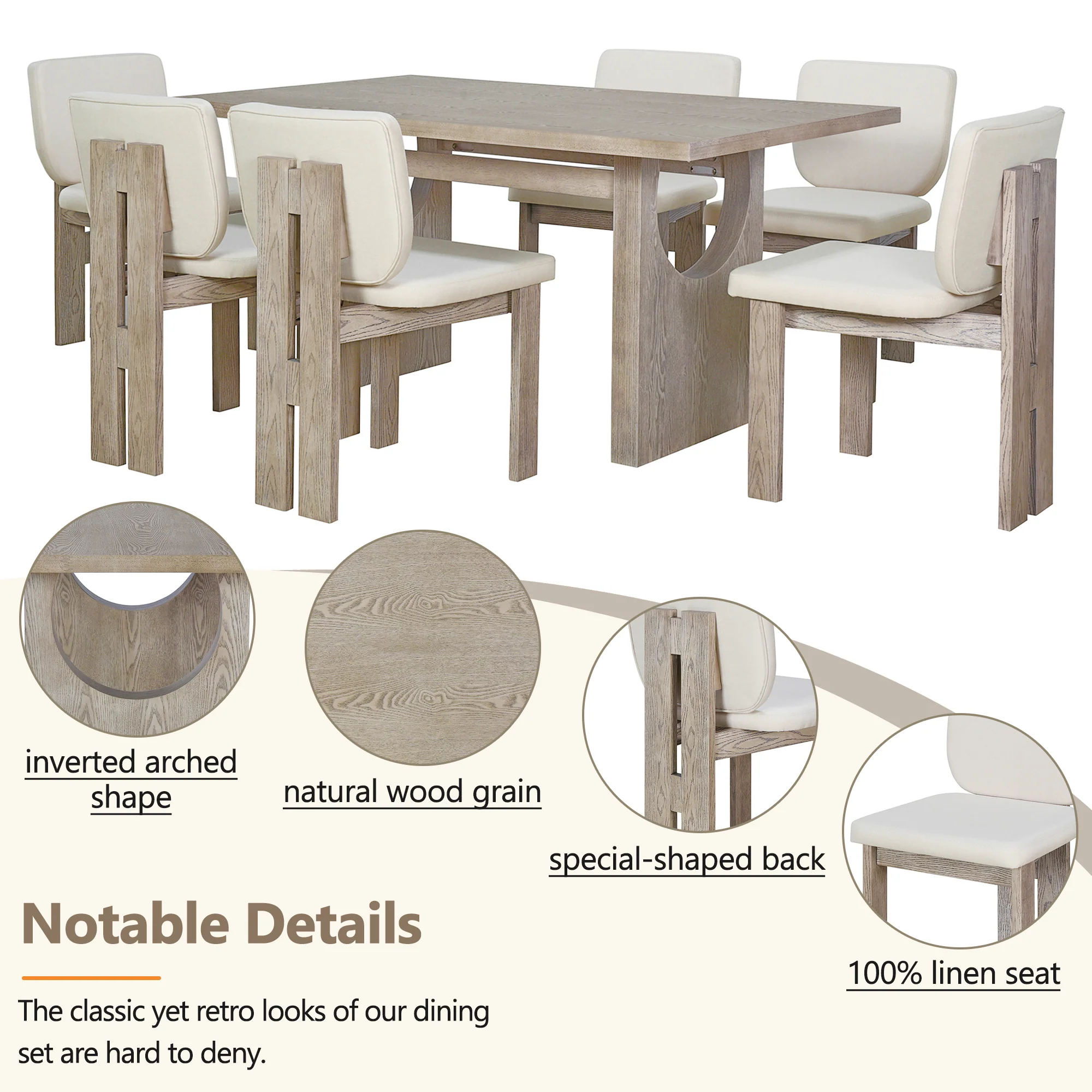 Walker Edison | Natural Wood Wash 7-Piece Retro Dining Set with 6 Upholstered Chairs - Image 6