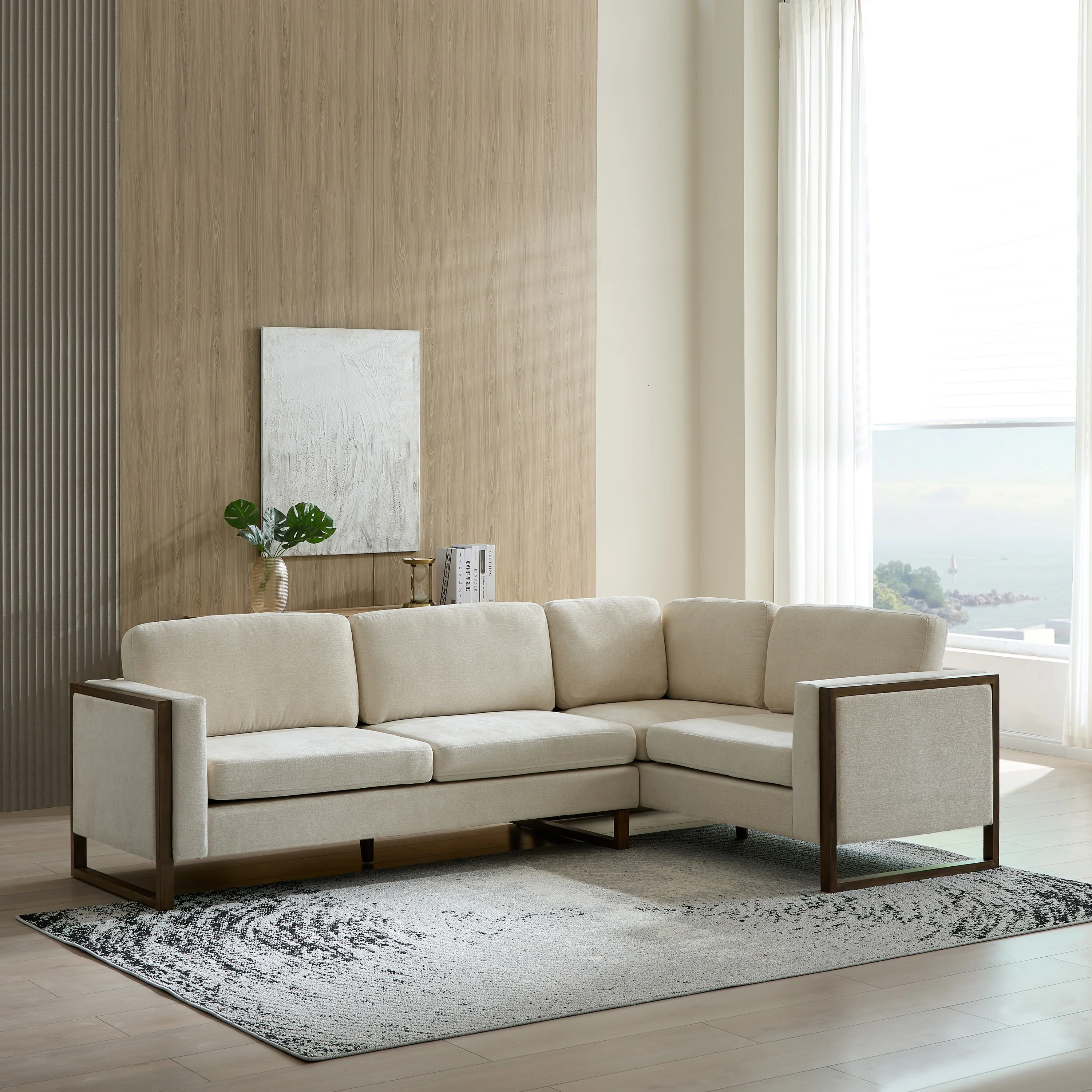 Otis L Shaped Sectional Chenille Sofa Couch with Wood Trim