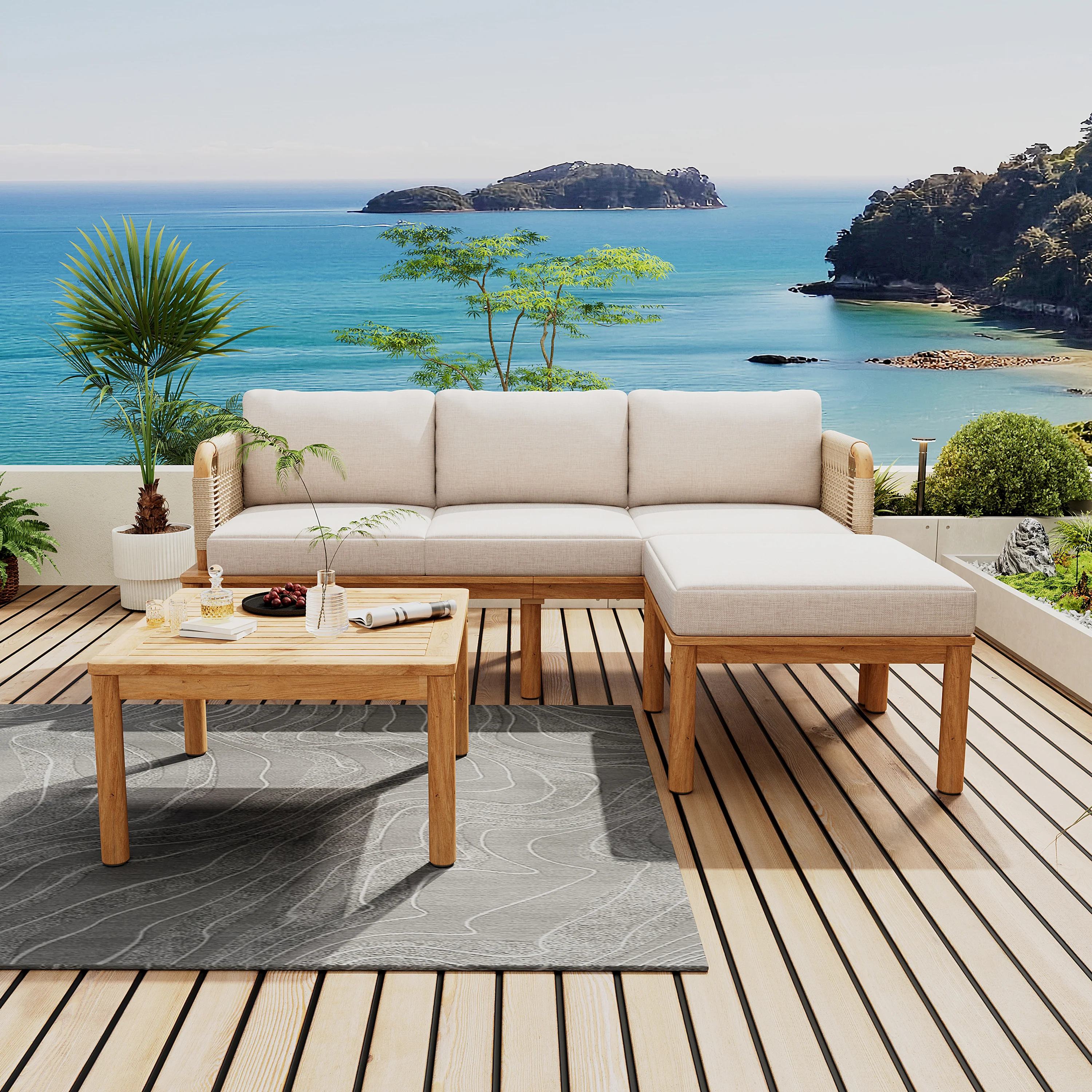 Outdoor Patio 3-piece Acacia Wood and Rope Sofa Set