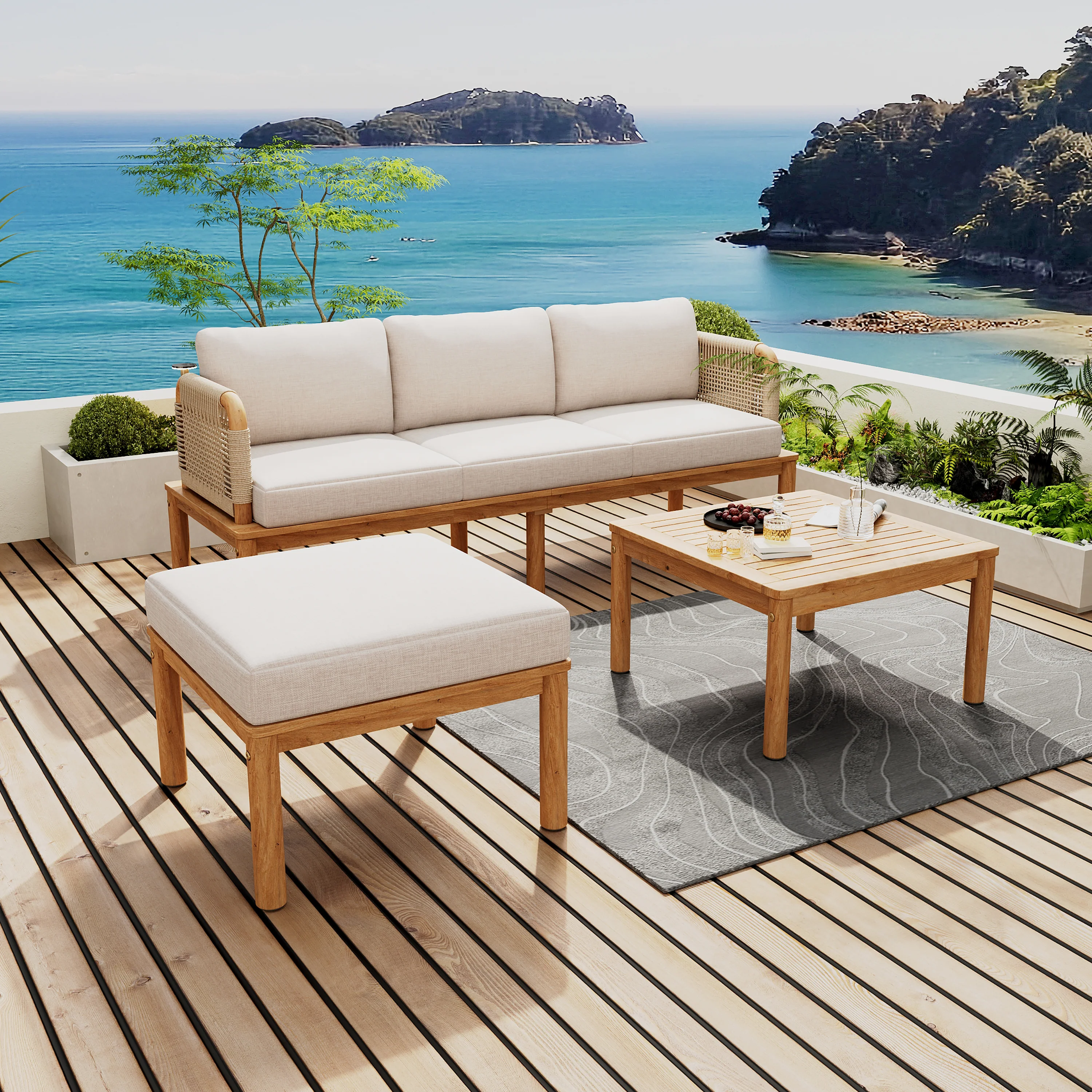 Outdoor Patio 3-piece Acacia Wood and Rope Sofa Set - Image 2