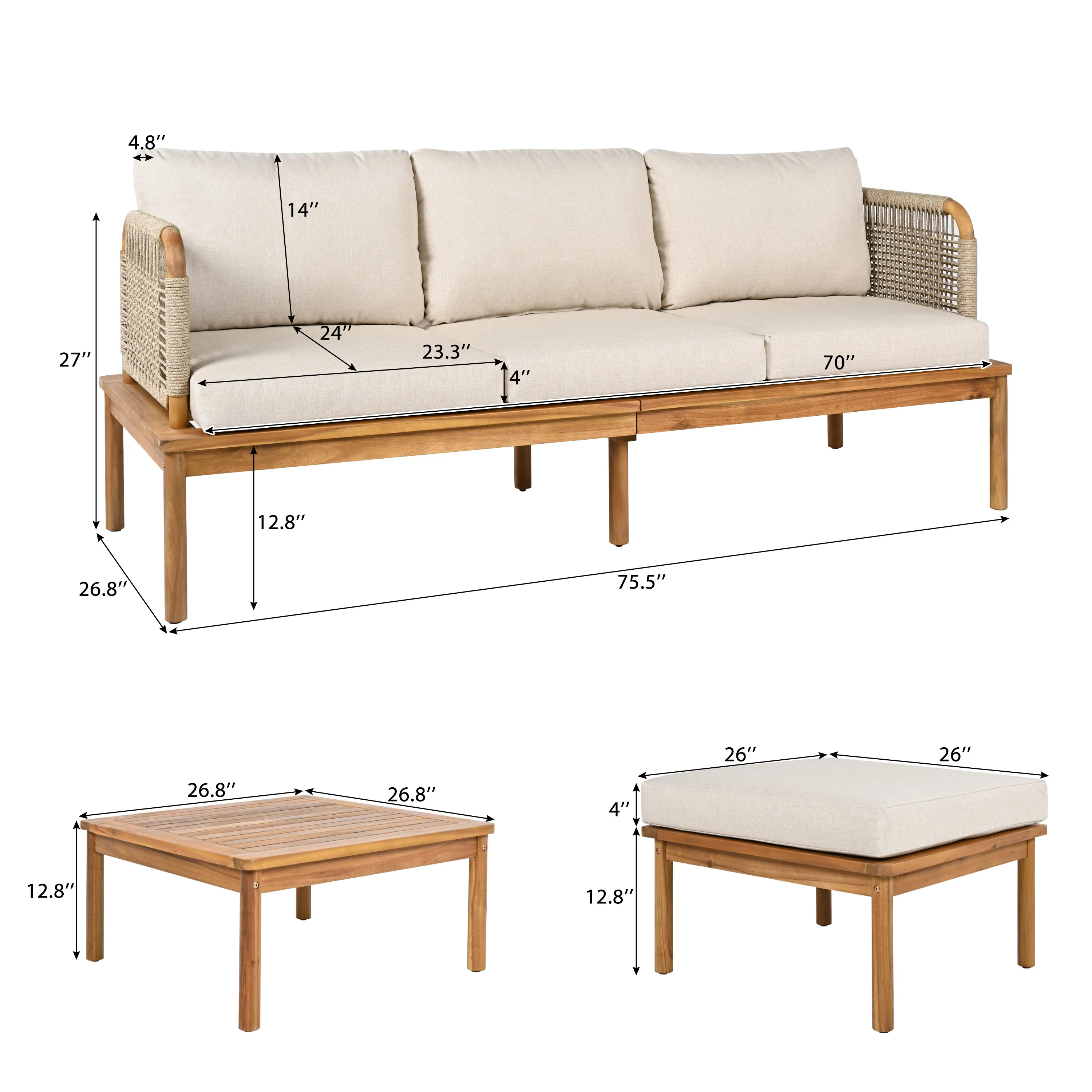 Outdoor Patio 3-piece Acacia Wood and Rope Sofa Set - Image 3