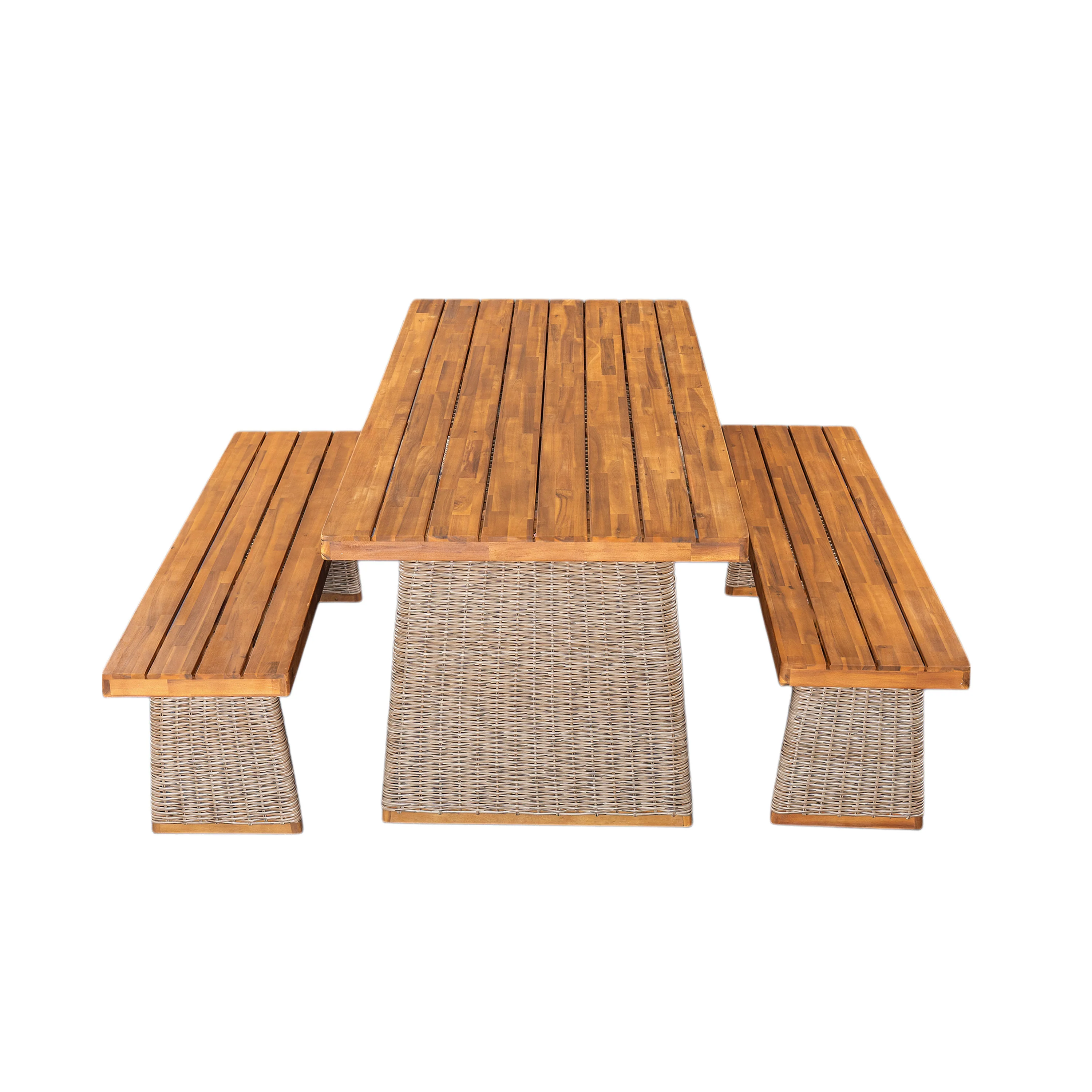 Outdoor 3 Piece Acacia Wood Dining Set with Handwoven Rattan Legs - Image 6