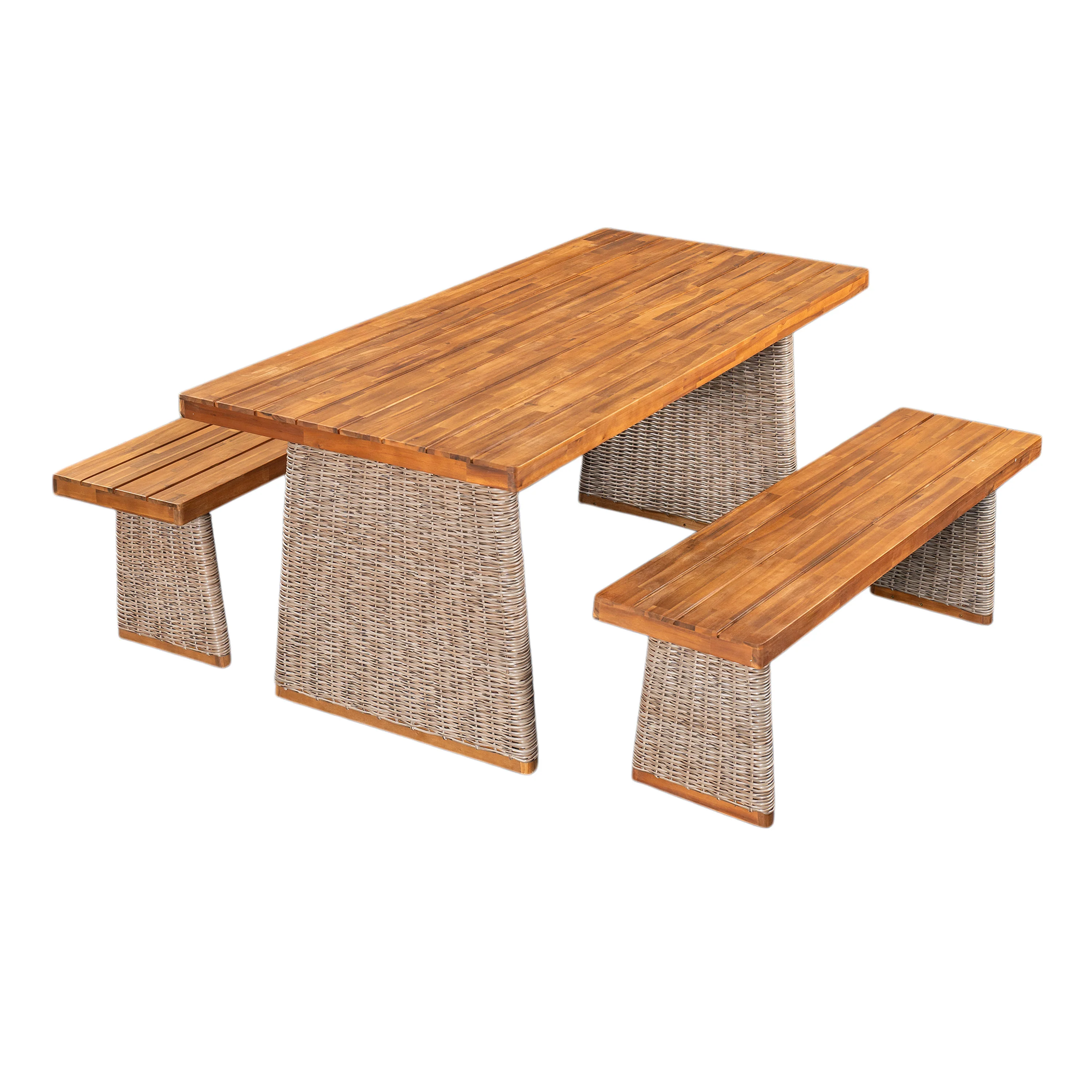 Outdoor 3 Piece Acacia Wood Dining Set with Handwoven Rattan Legs - Image 7