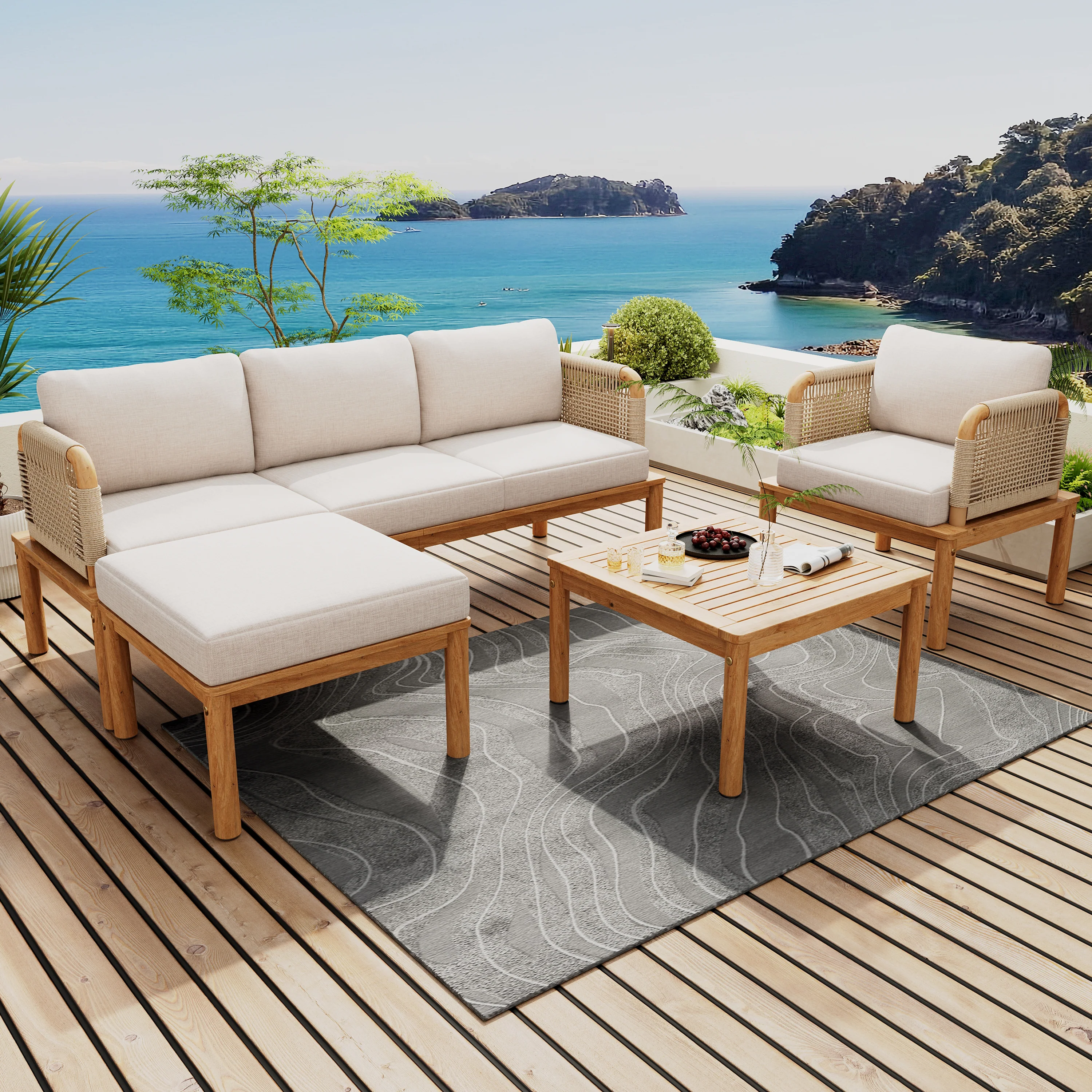 Walker Edison | Outdoor 4-piece Acacia Wood and Rope Patio Sofa Set