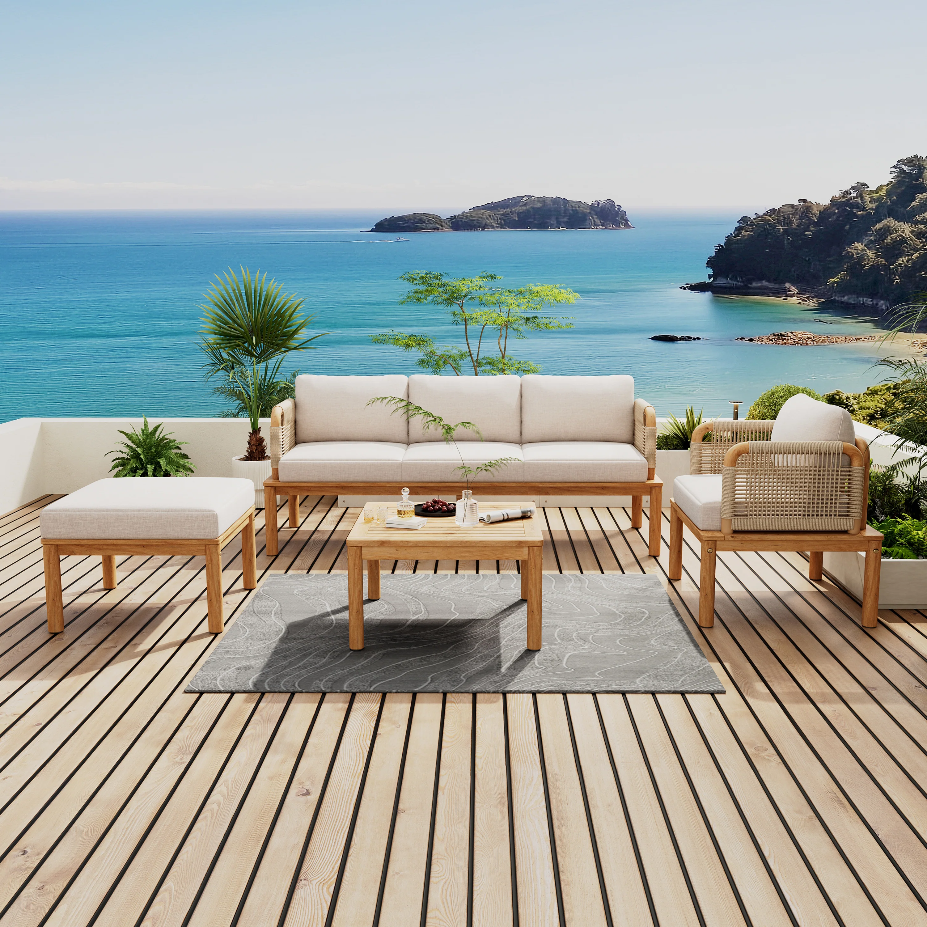 Walker Edison | Outdoor 4-piece Acacia Wood and Rope Patio Sofa Set - Image 2