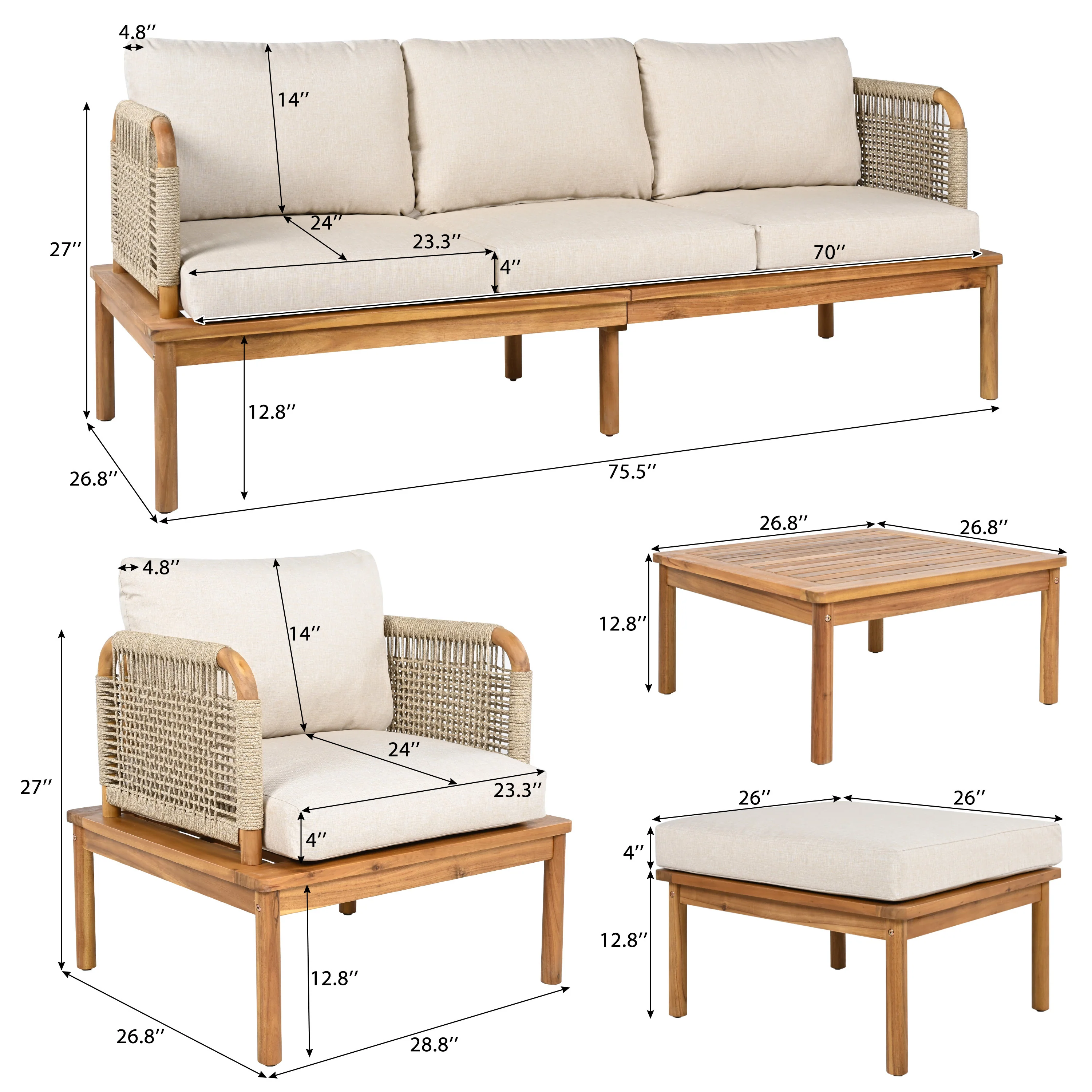 Walker Edison | Outdoor 4-piece Acacia Wood and Rope Patio Sofa Set - Image 3