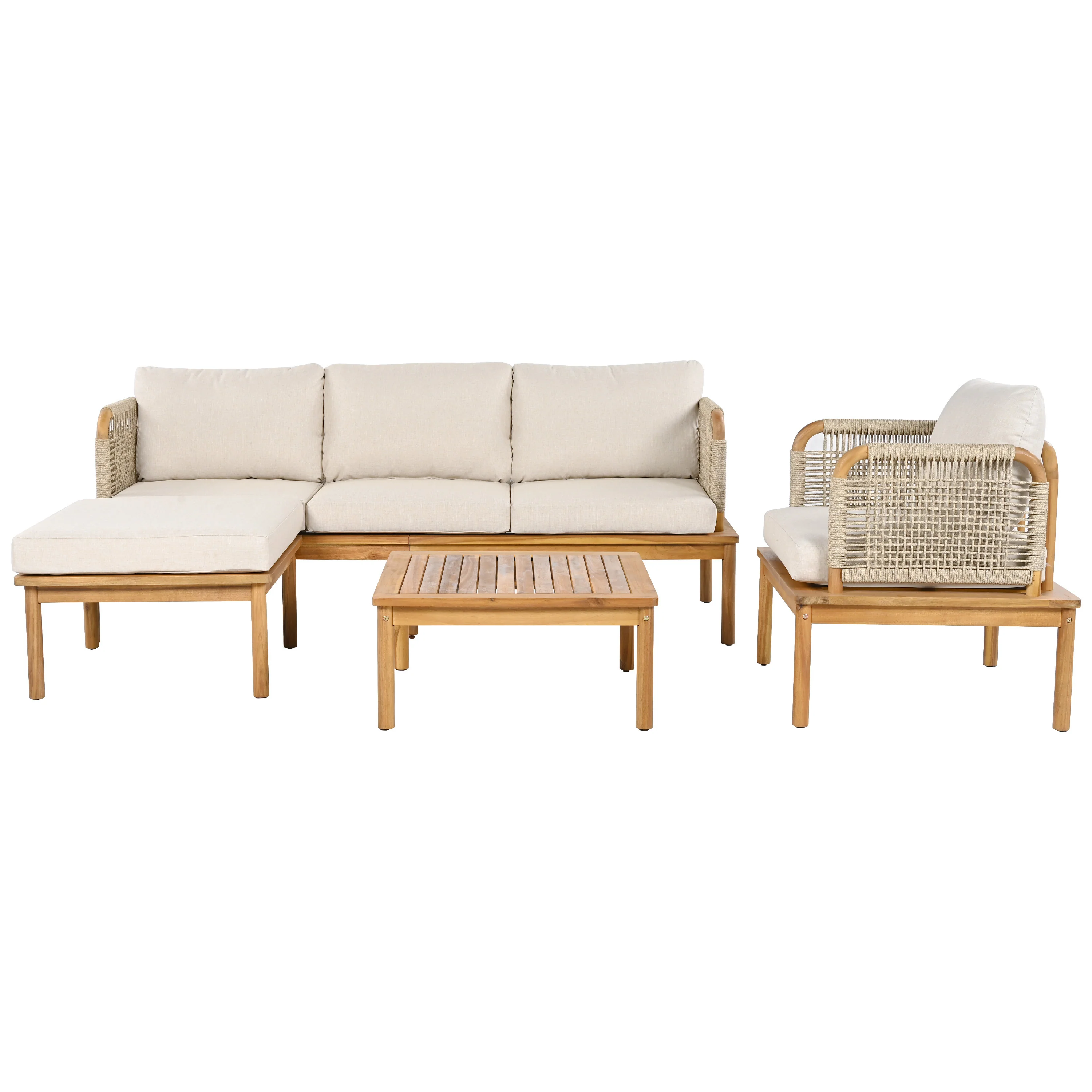 Walker Edison | Outdoor 4-piece Acacia Wood and Rope Patio Sofa Set - Image 4