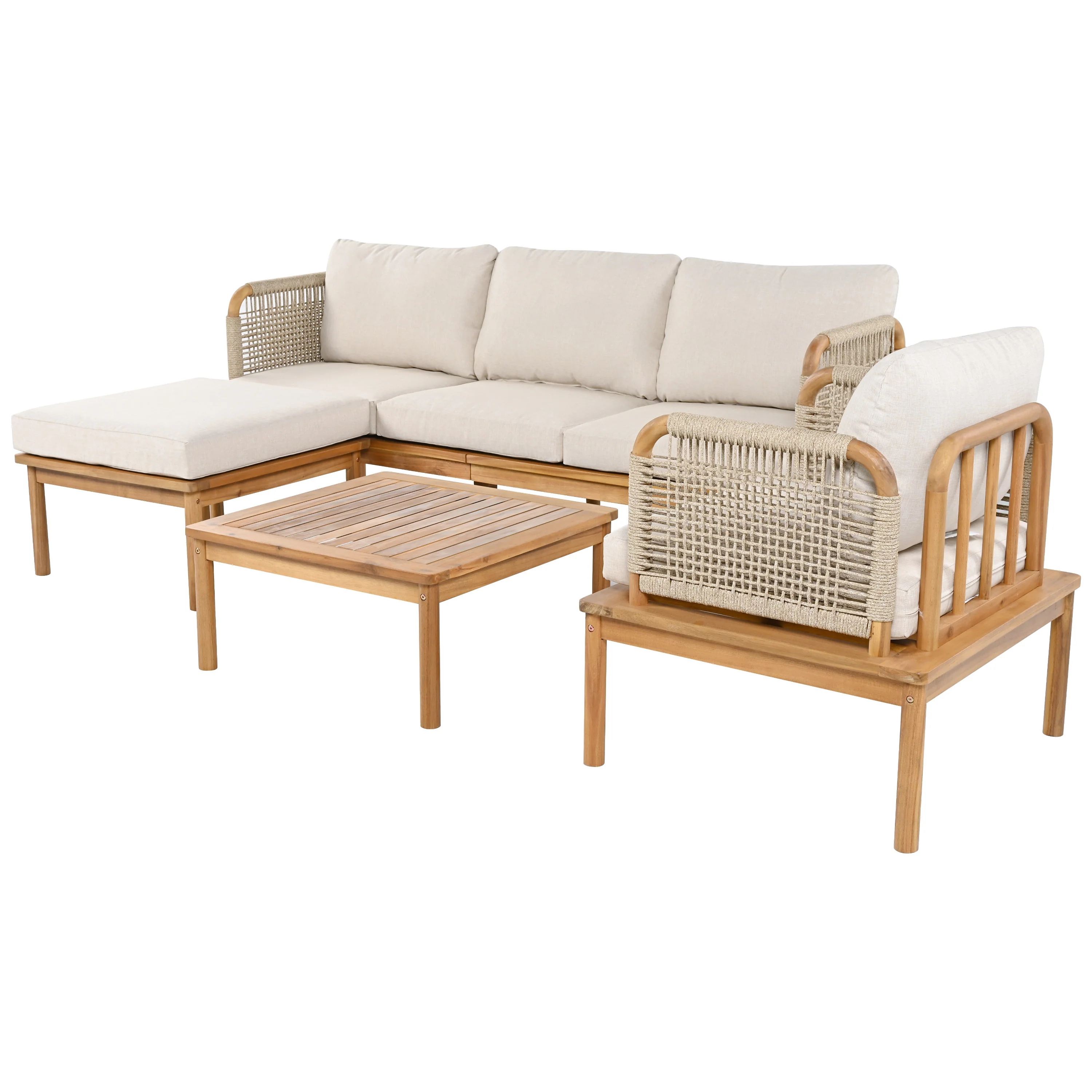 Walker Edison | Outdoor 4-piece Acacia Wood and Rope Patio Sofa Set - Image 5