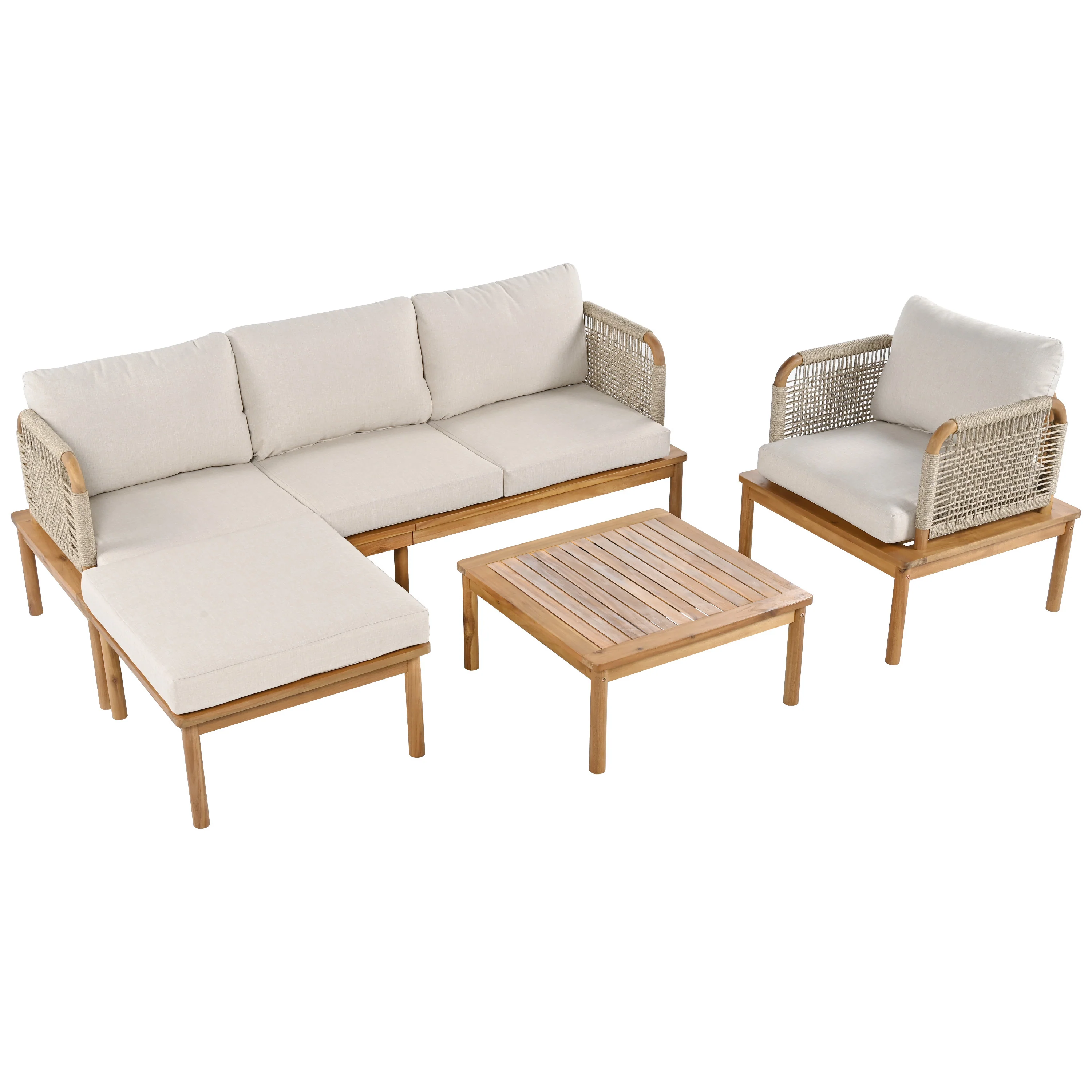 Walker Edison | Outdoor 4-piece Acacia Wood and Rope Patio Sofa Set - Image 6