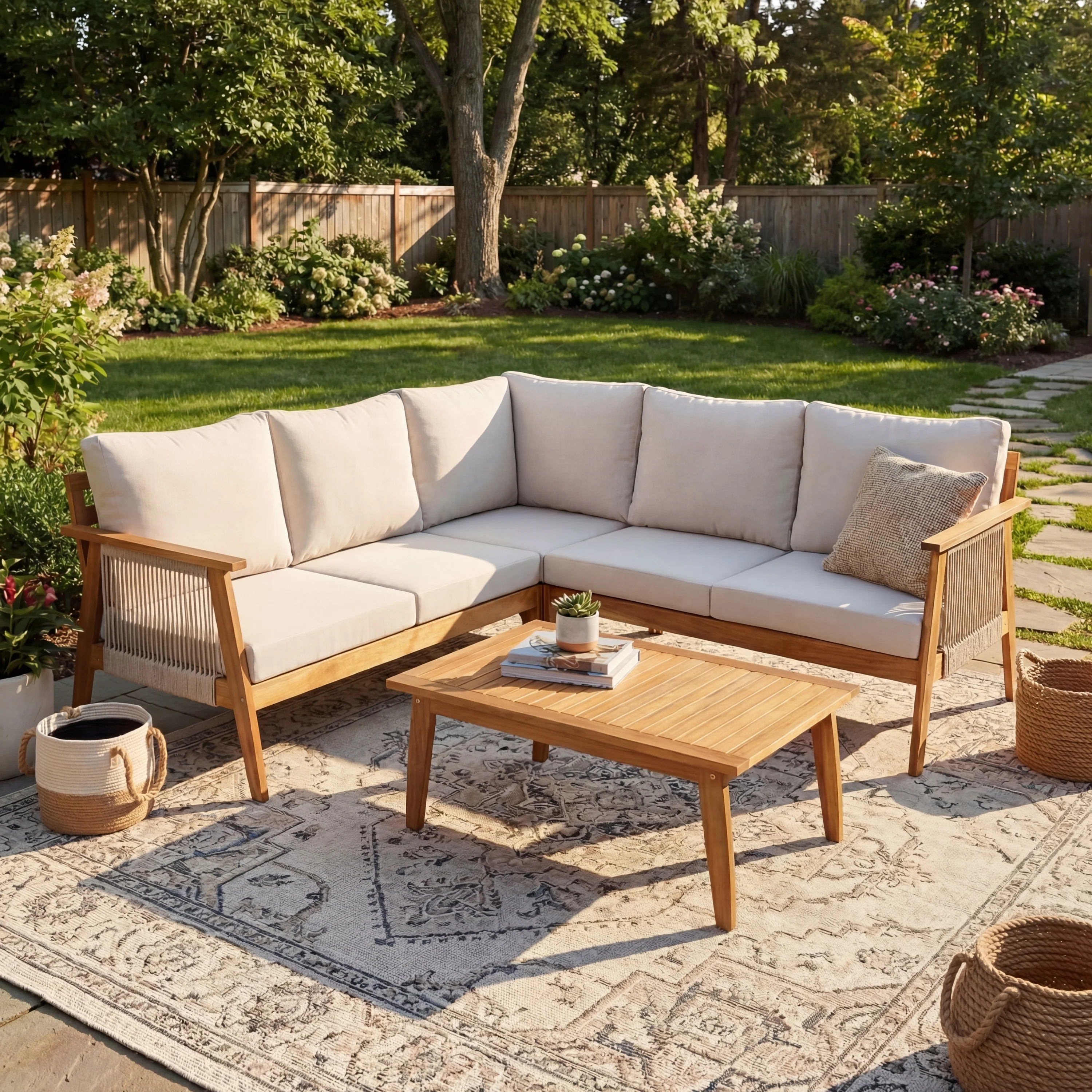 Outdoor 4pc Acacia Wood and Rope Sectional Patio Corner Set
