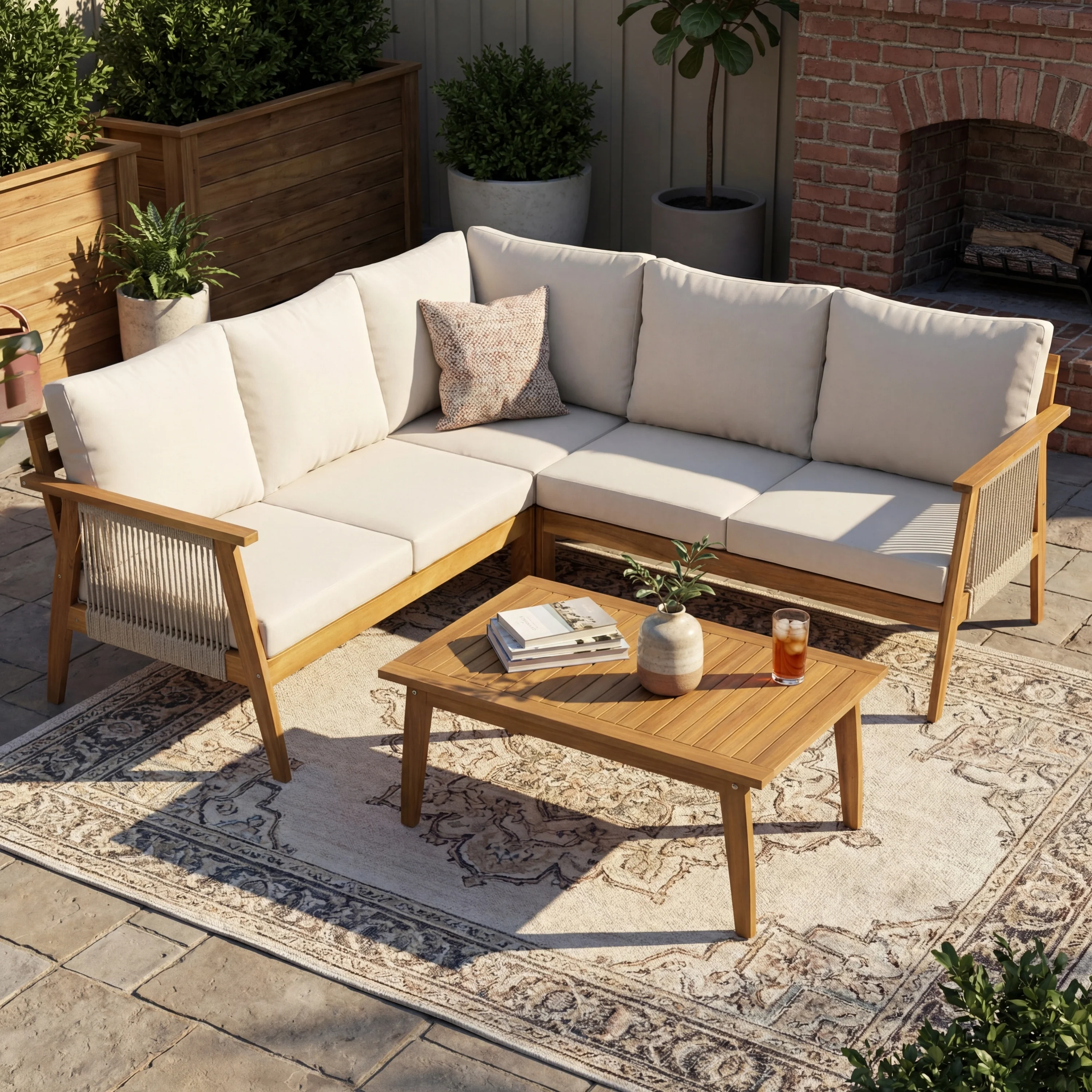 Outdoor 4pc Acacia Wood and Rope Sectional Patio Corner Set - Image 2