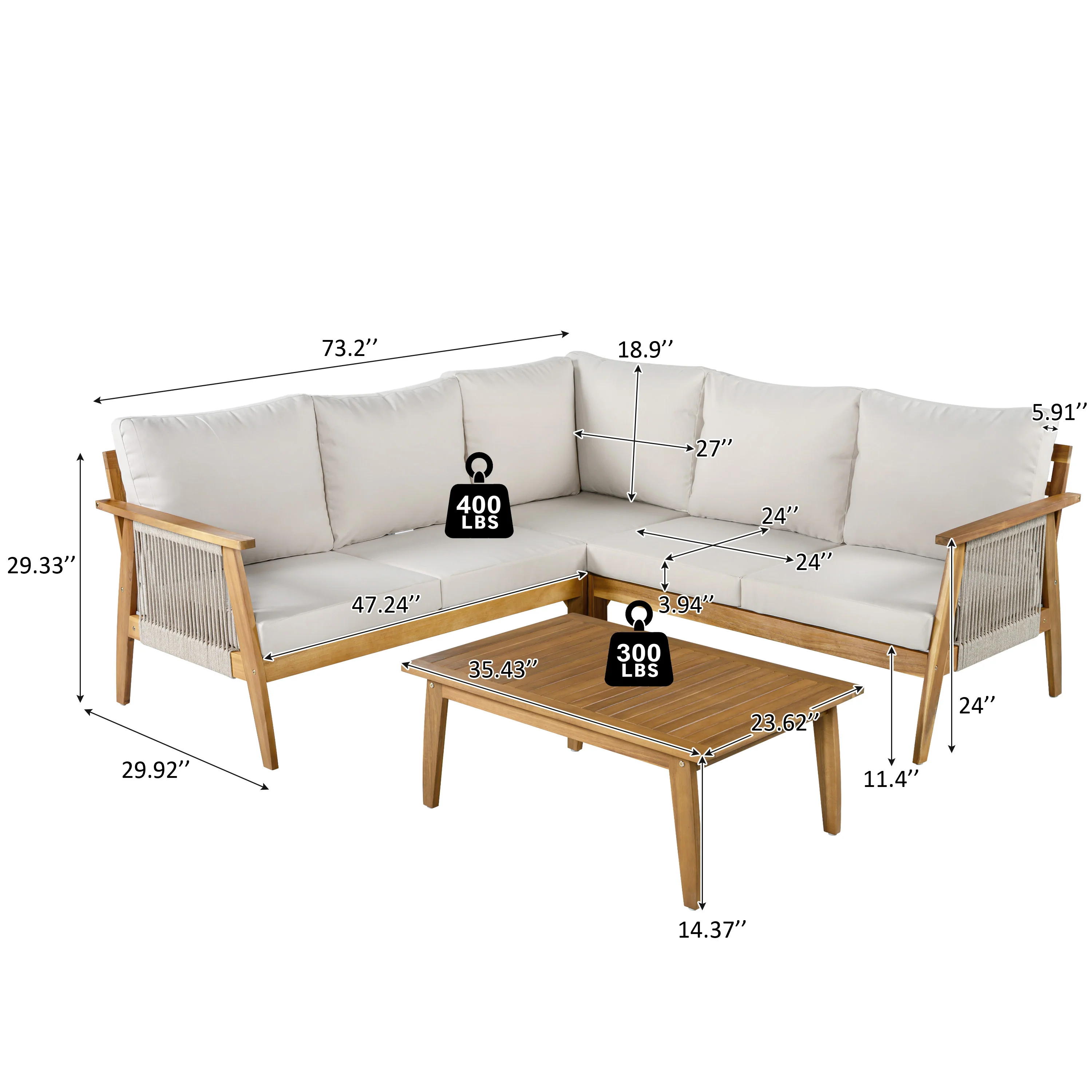 Outdoor 4pc Acacia Wood and Rope Sectional Patio Corner Set - Image 3