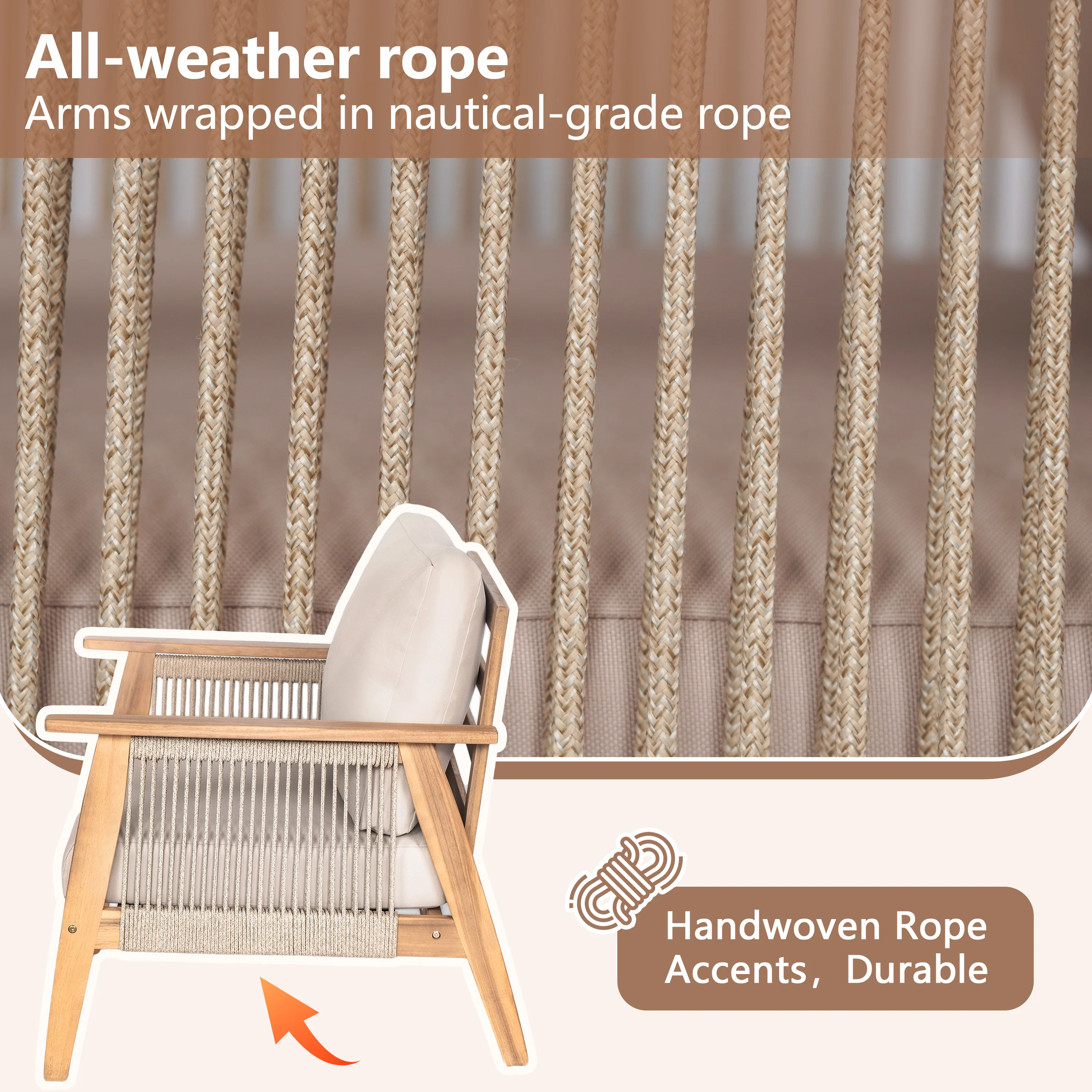 Outdoor 4pc Acacia Wood and Rope Sectional Patio Corner Set - Image 4