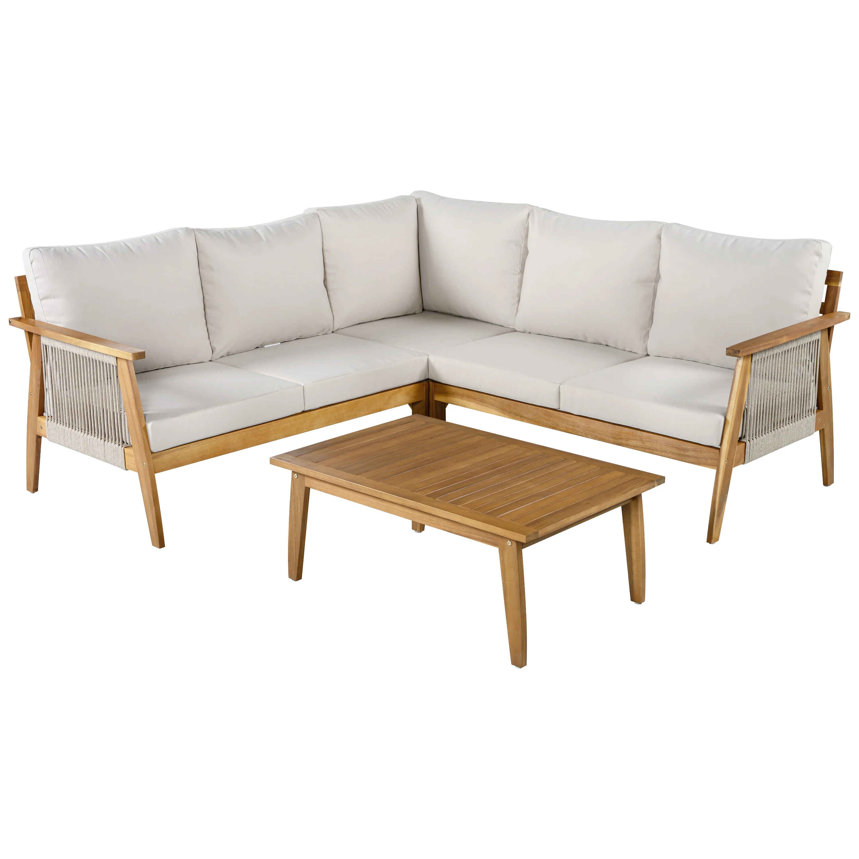 Outdoor 4pc Acacia Wood and Rope Sectional Patio Corner Set - Image 8
