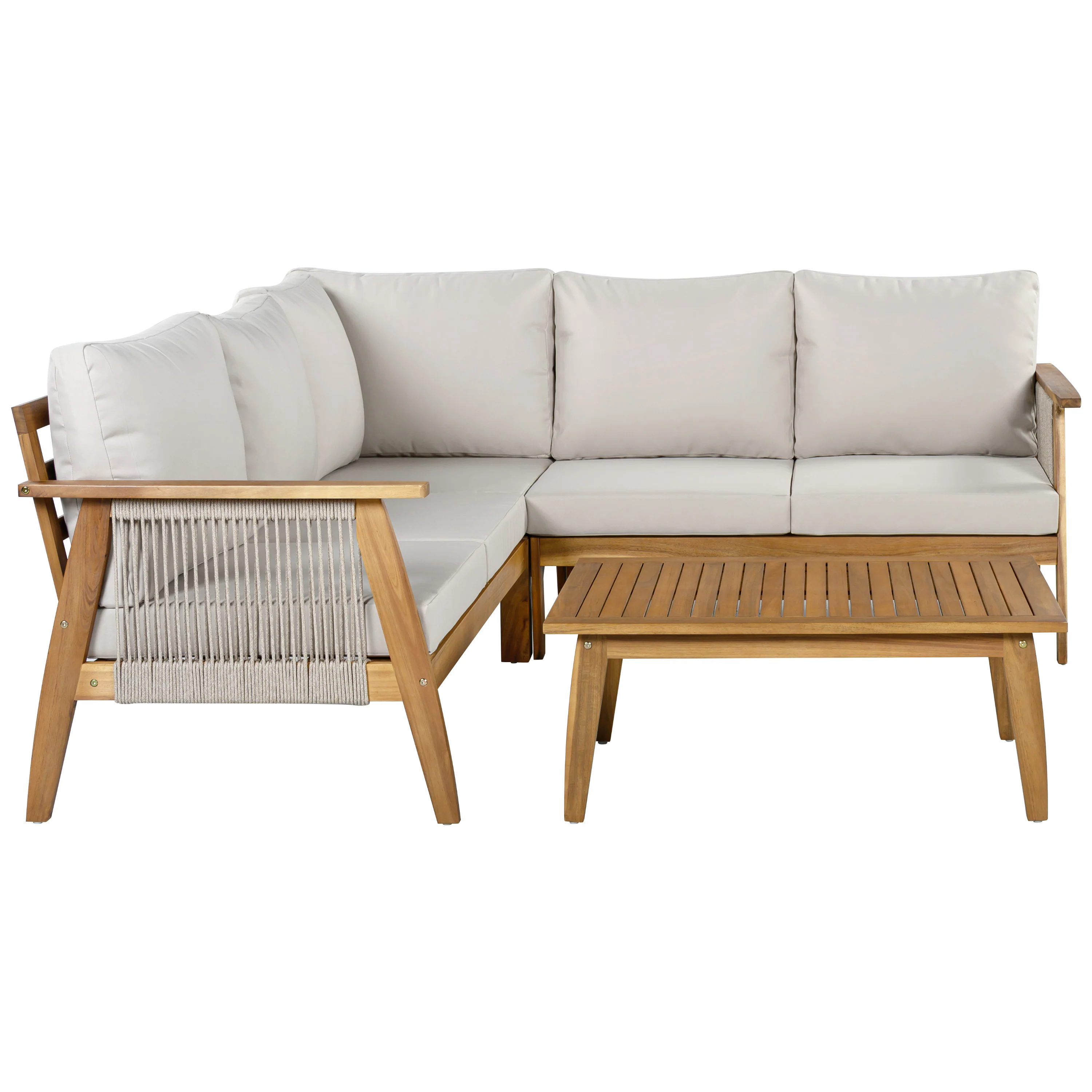 Outdoor 4pc Acacia Wood and Rope Sectional Patio Corner Set - Image 9