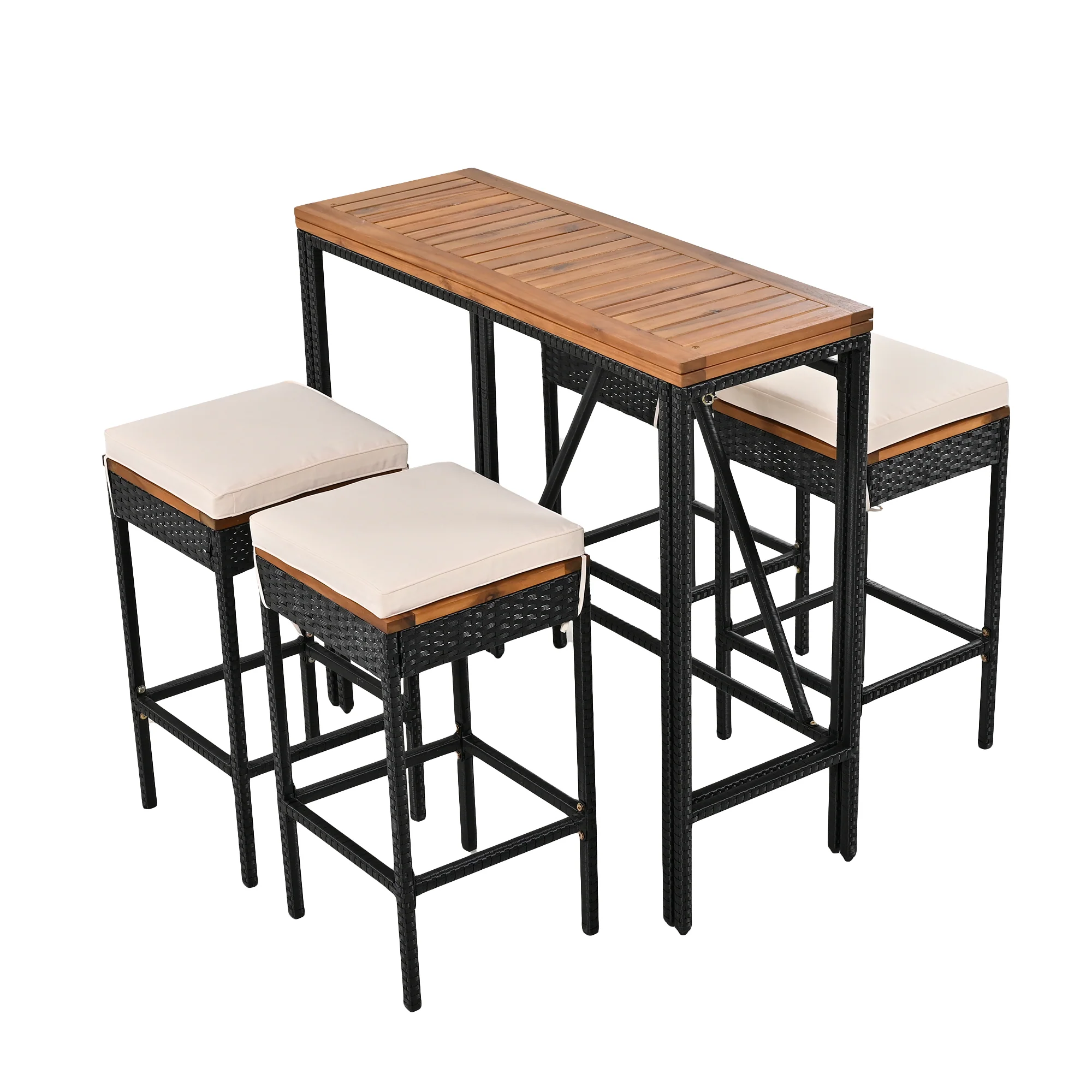 Walker Edison | Outdoor 5-Piece Acacia Wood Bar Height Table And Stool Set - Image 10