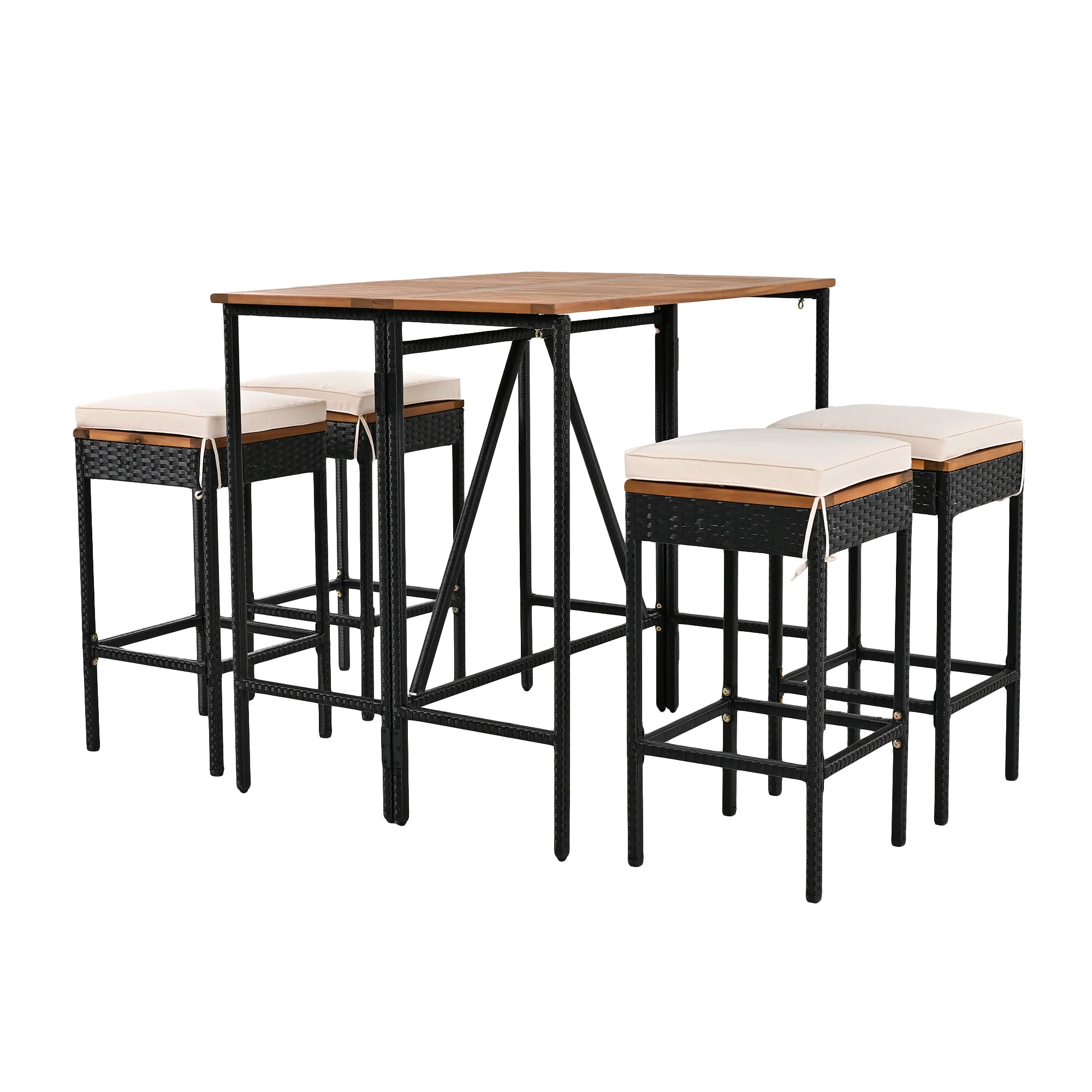 Walker Edison | Outdoor 5-Piece Acacia Wood Bar Height Table And Stool Set - Image 11