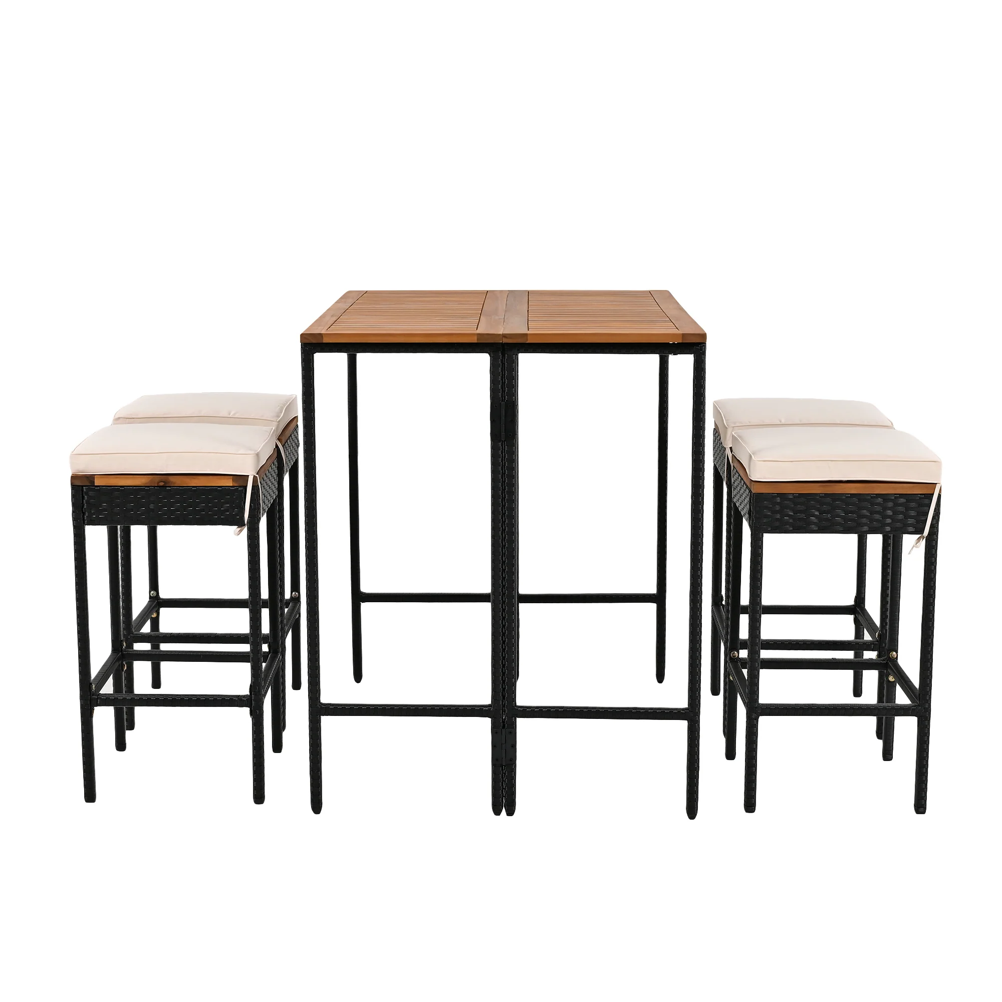 Walker Edison | Outdoor 5-Piece Acacia Wood Bar Height Table And Stool Set - Image 12