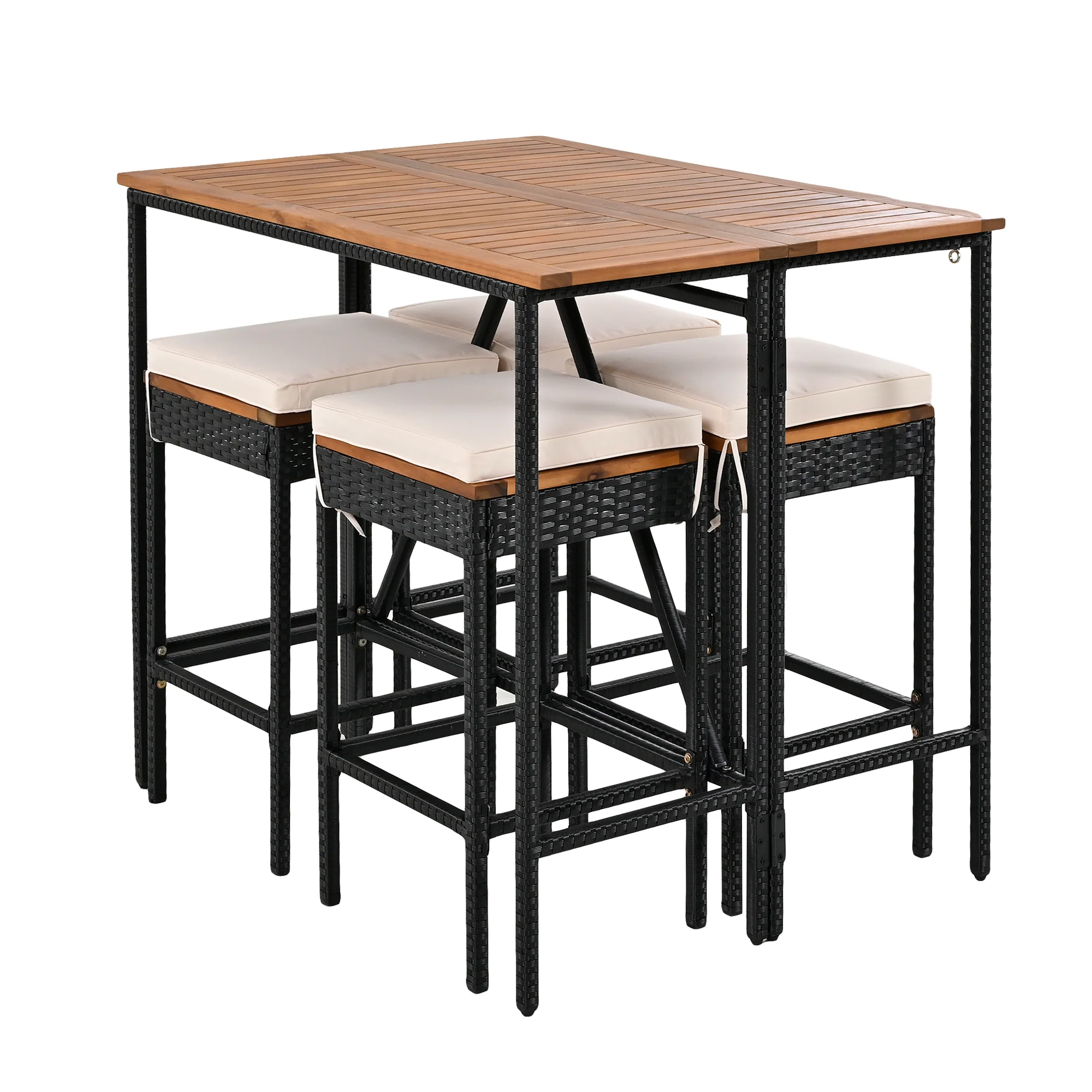 Walker Edison | Outdoor 5-Piece Acacia Wood Bar Height Table And Stool Set - Image 13
