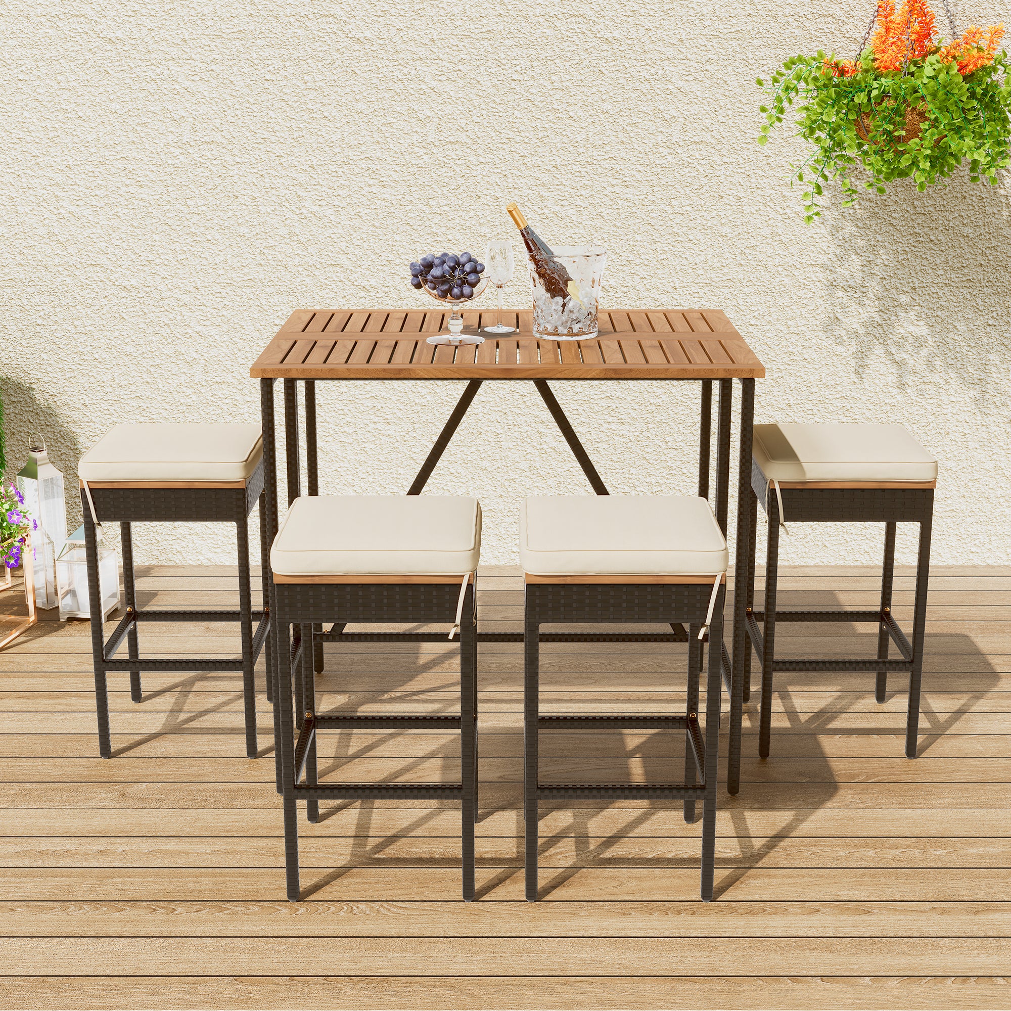 Walker Edison | Outdoor 5-Piece Acacia Wood Bar Height Table And Stool Set - Image 2