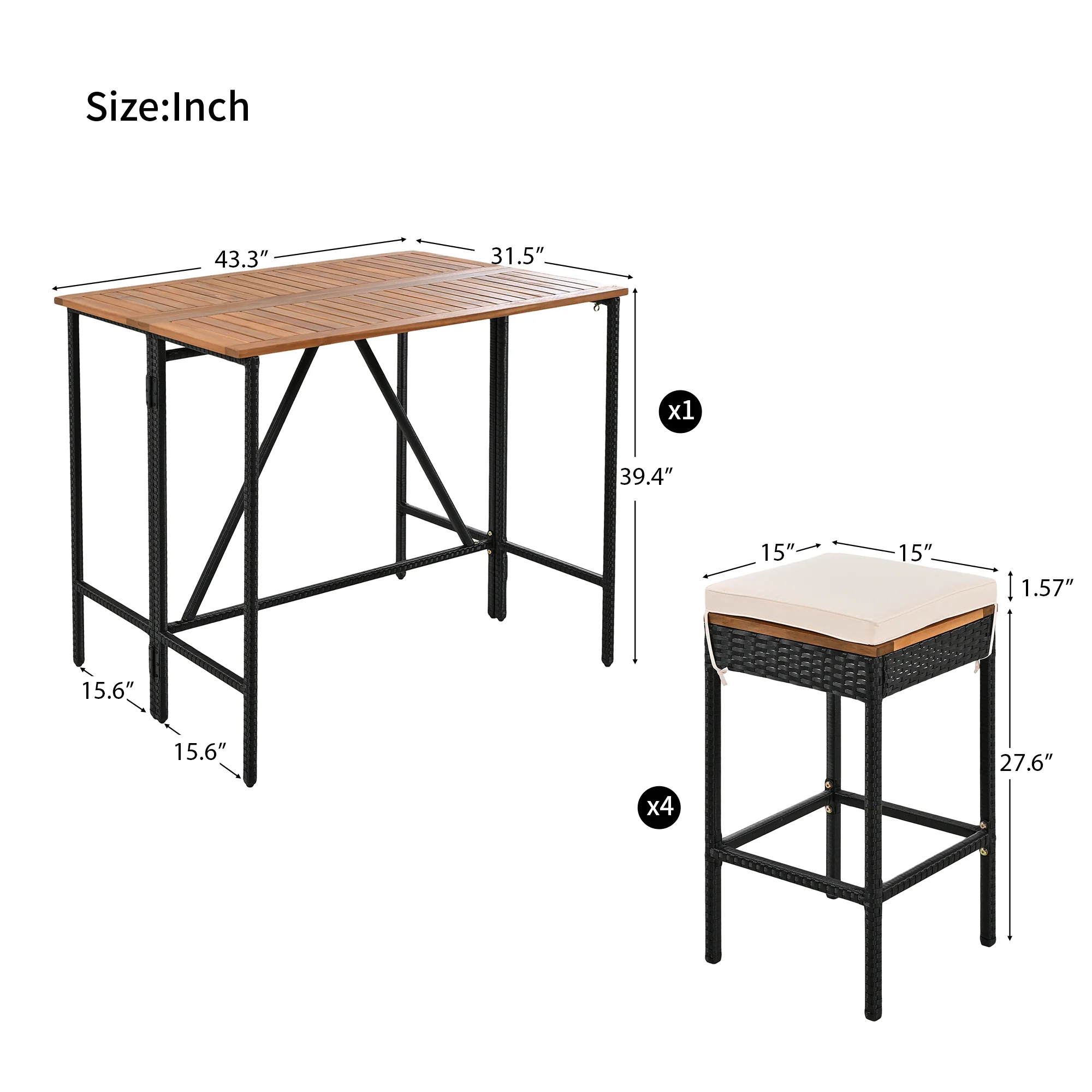 Walker Edison | Outdoor 5-Piece Acacia Wood Bar Height Table And Stool Set - Image 3