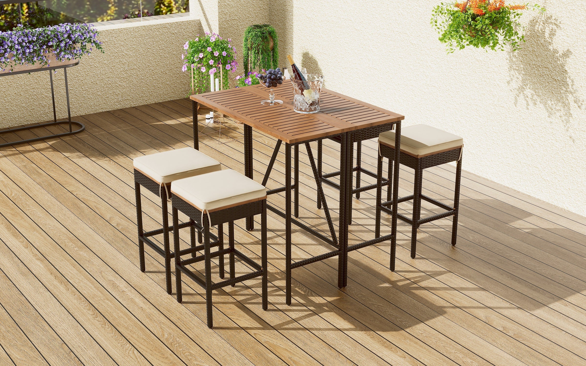 Walker Edison | Outdoor 5-Piece Acacia Wood Bar Height Table And Stool Set - Image 4