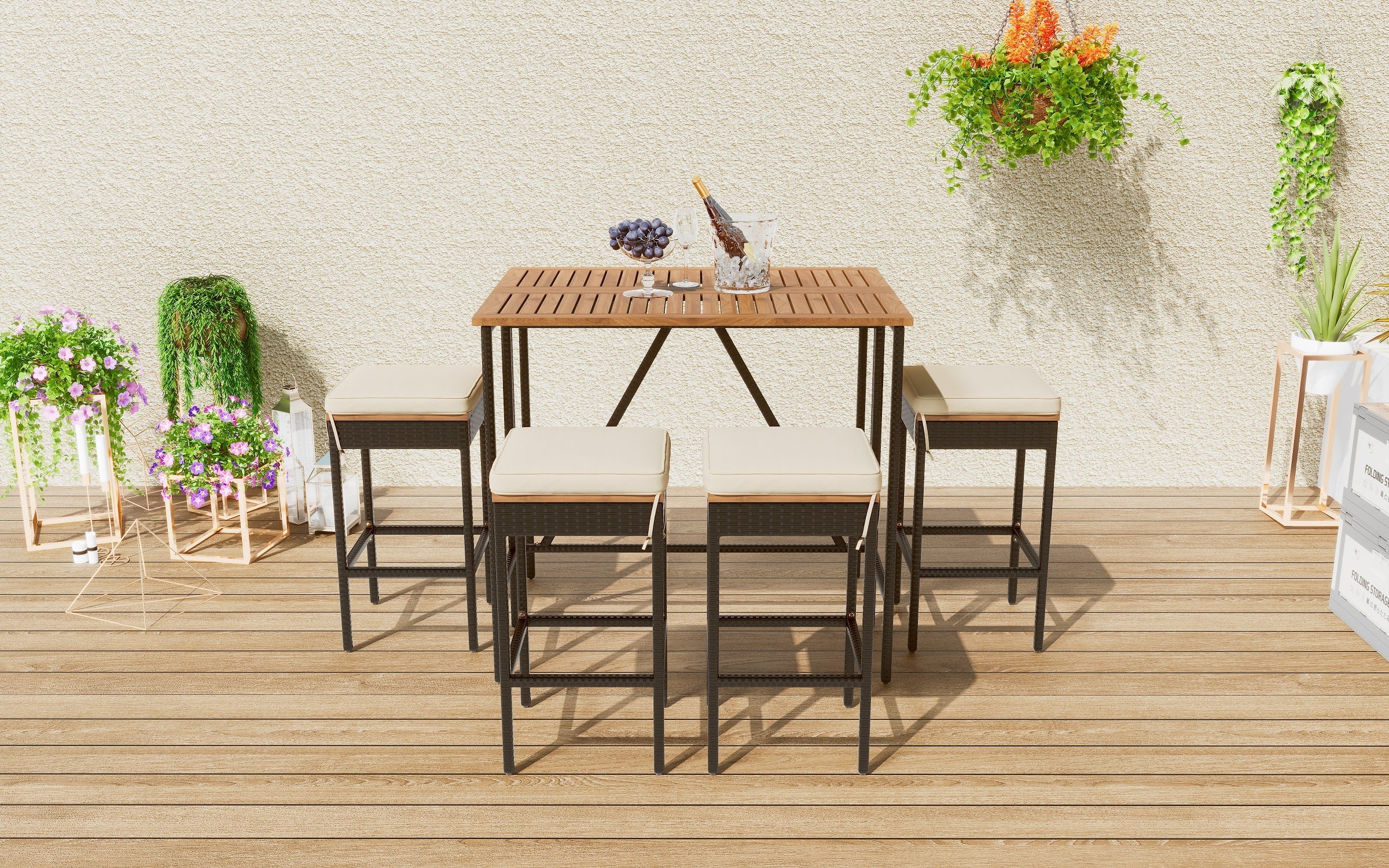 Walker Edison | Outdoor 5-Piece Acacia Wood Bar Height Table And Stool Set - Image 5