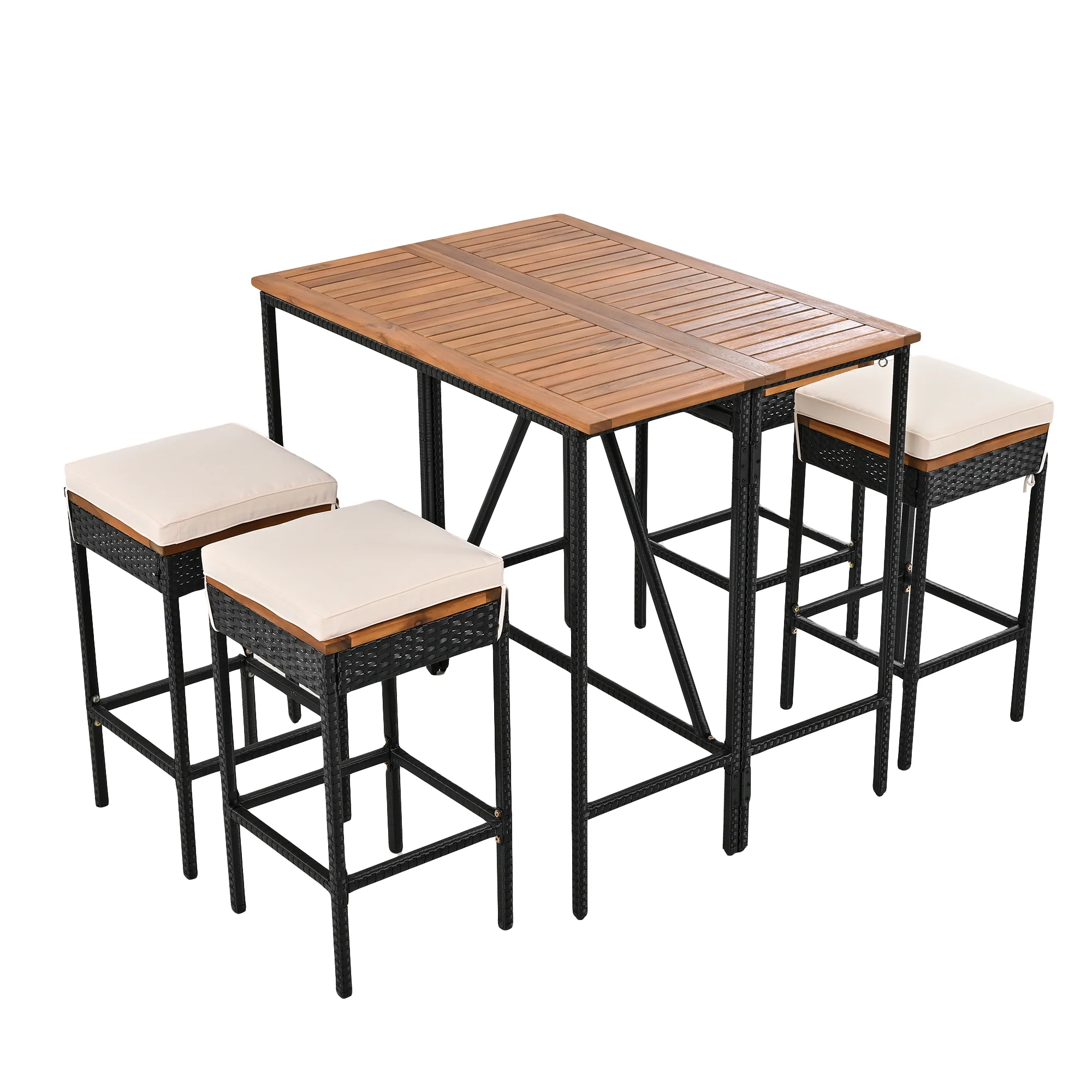 Walker Edison | Outdoor 5-Piece Acacia Wood Bar Height Table And Stool Set - Image 9