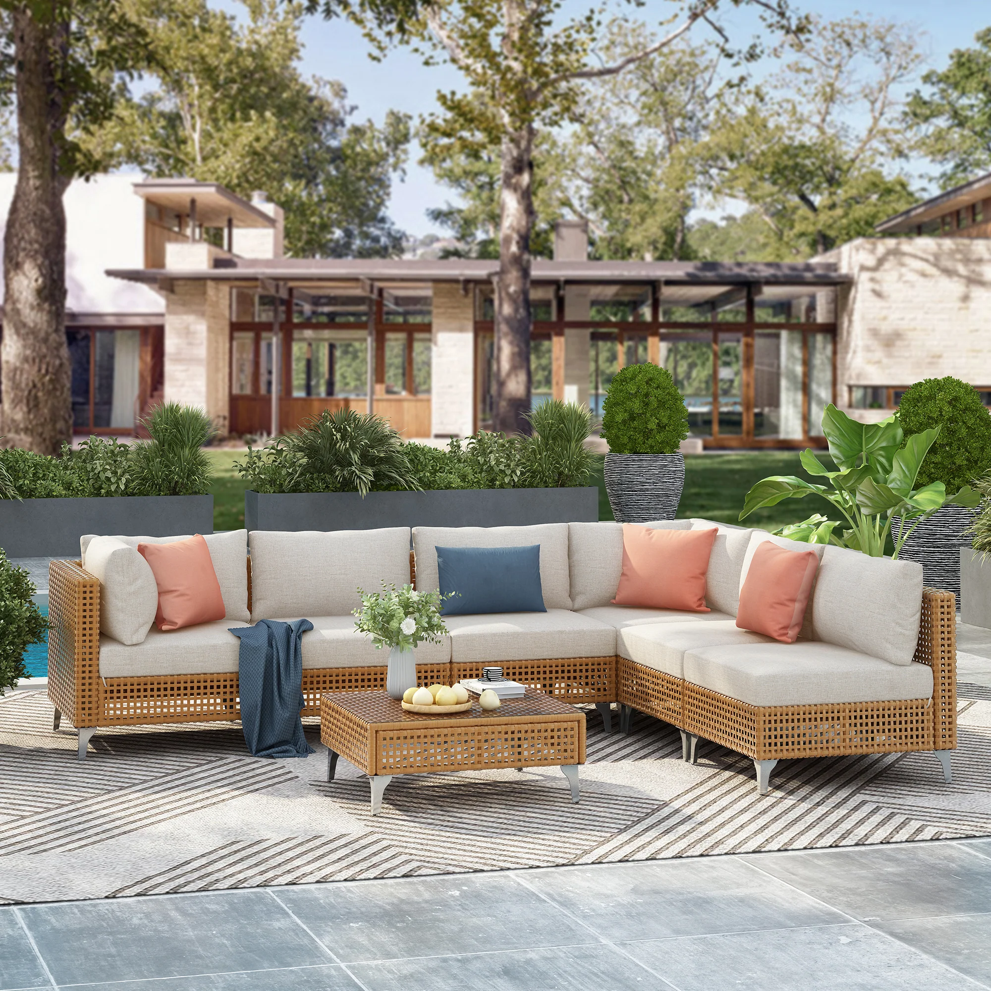 Outdoor 7-Piece Wicker Conversation Sectional Sofa Set with Cushions and Coffee Table