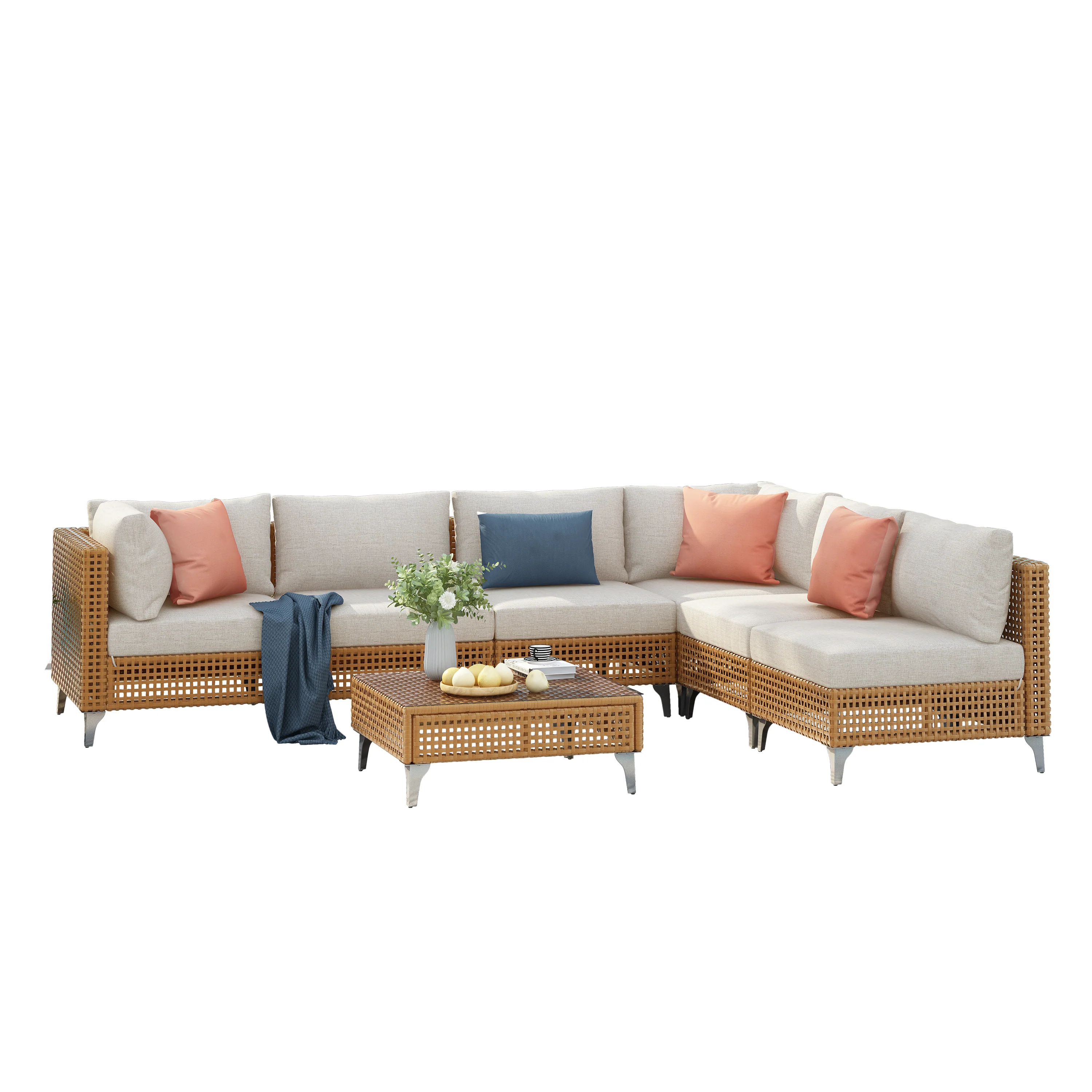 Outdoor 7-Piece Wicker Conversation Sectional Sofa Set with Cushions and Coffee Table - Image 15