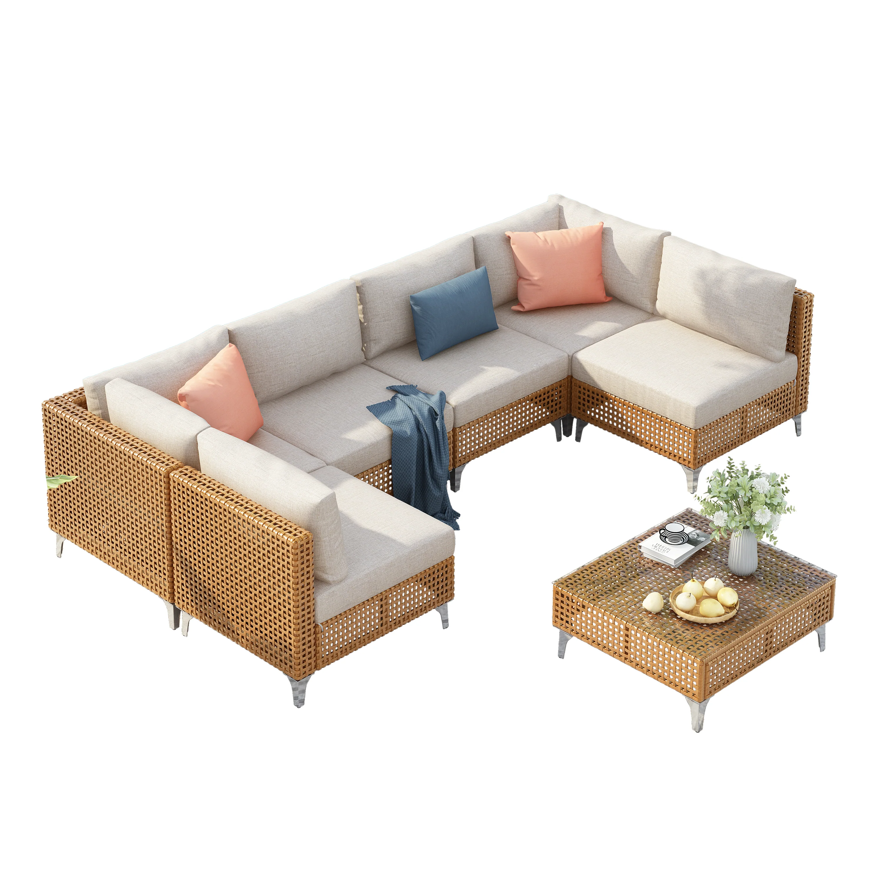 Outdoor 7-Piece Wicker Conversation Sectional Sofa Set with Cushions and Coffee Table - Image 17