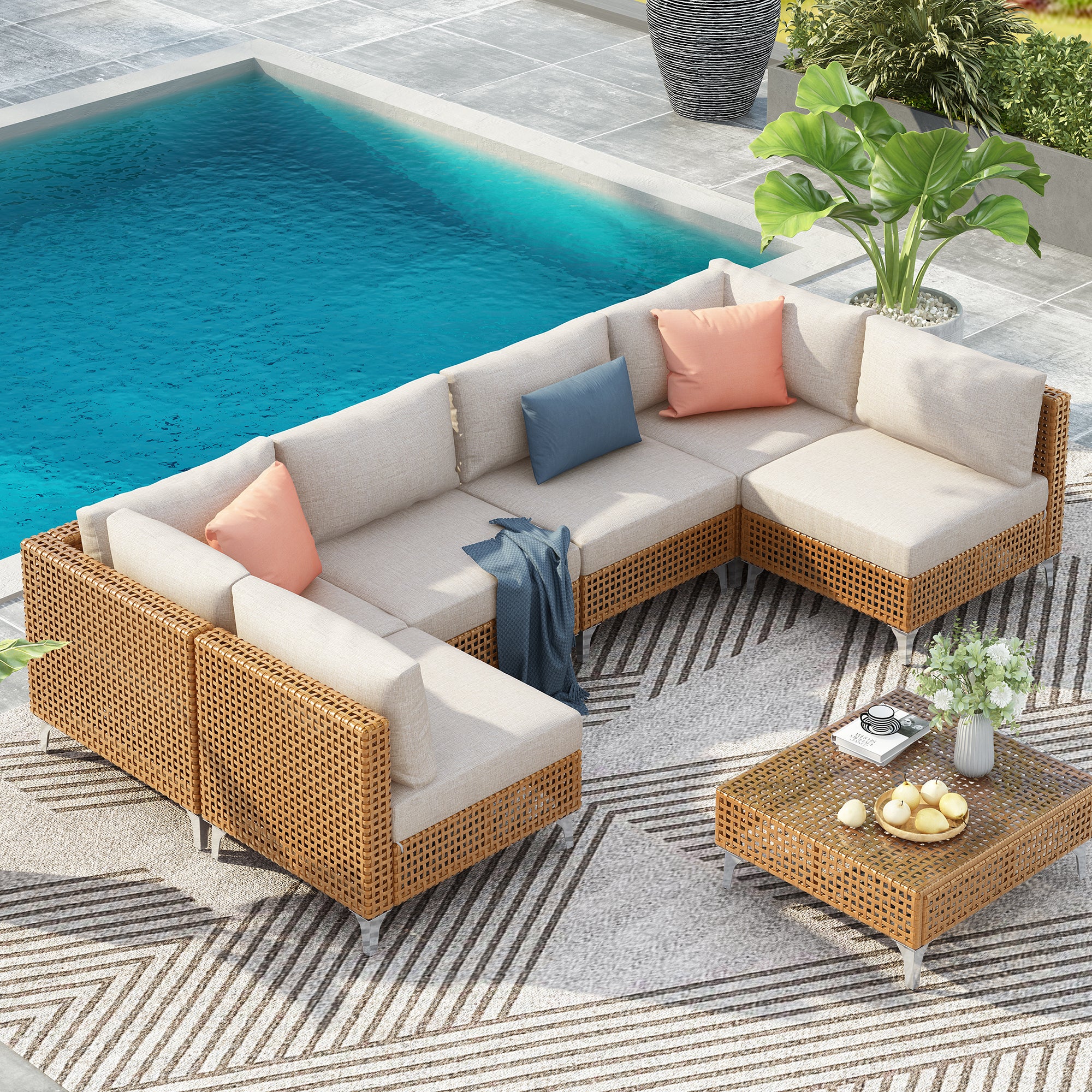 Outdoor 7-Piece Wicker Conversation Sectional Sofa Set with Cushions and Coffee Table - Image 2