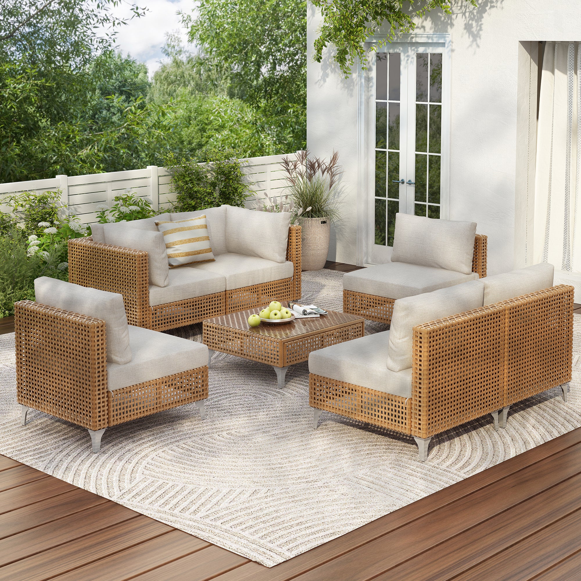 Outdoor 7-Piece Wicker Conversation Sectional Sofa Set with Cushions and Coffee Table - Image 3