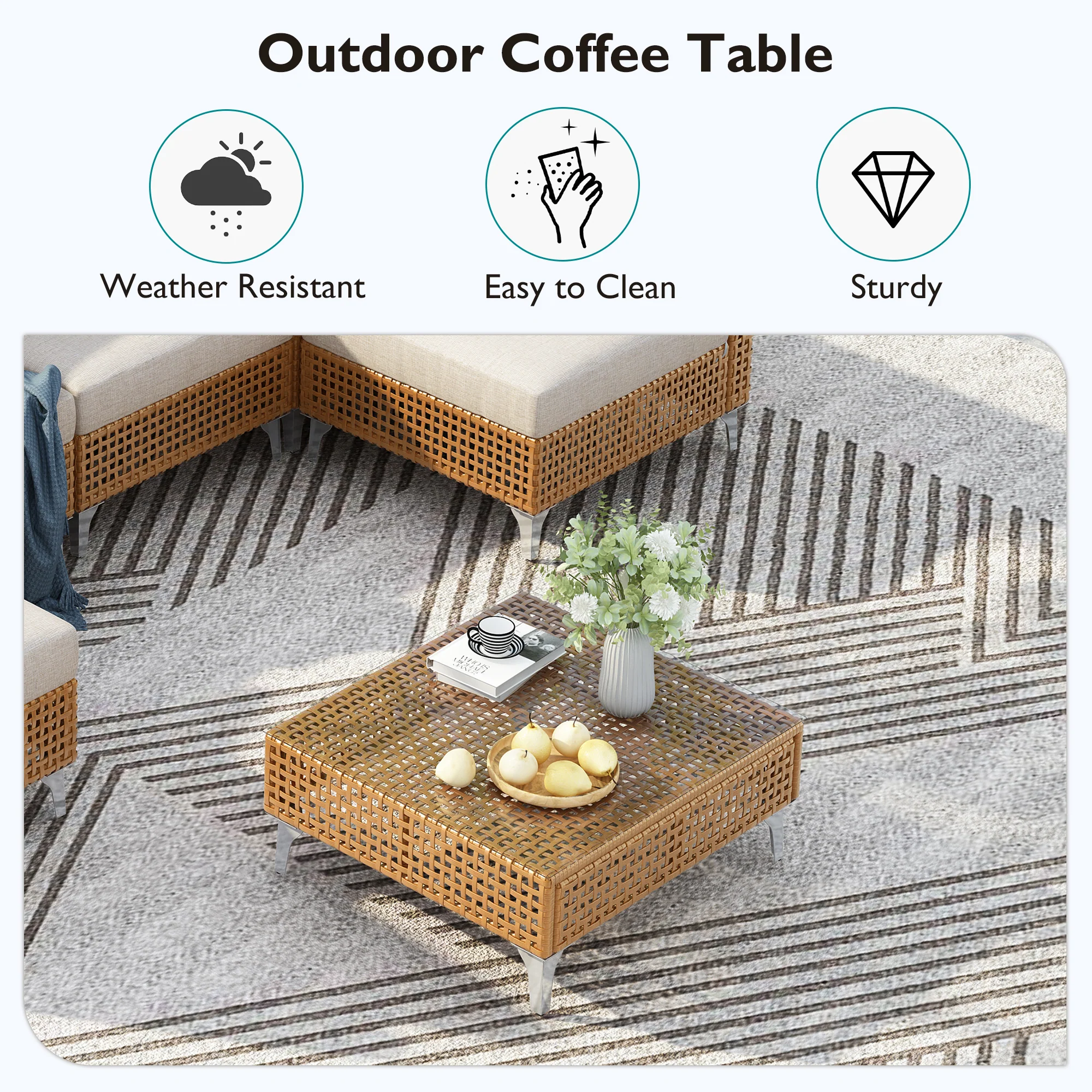 Outdoor 7-Piece Wicker Conversation Sectional Sofa Set with Cushions and Coffee Table - Image 6