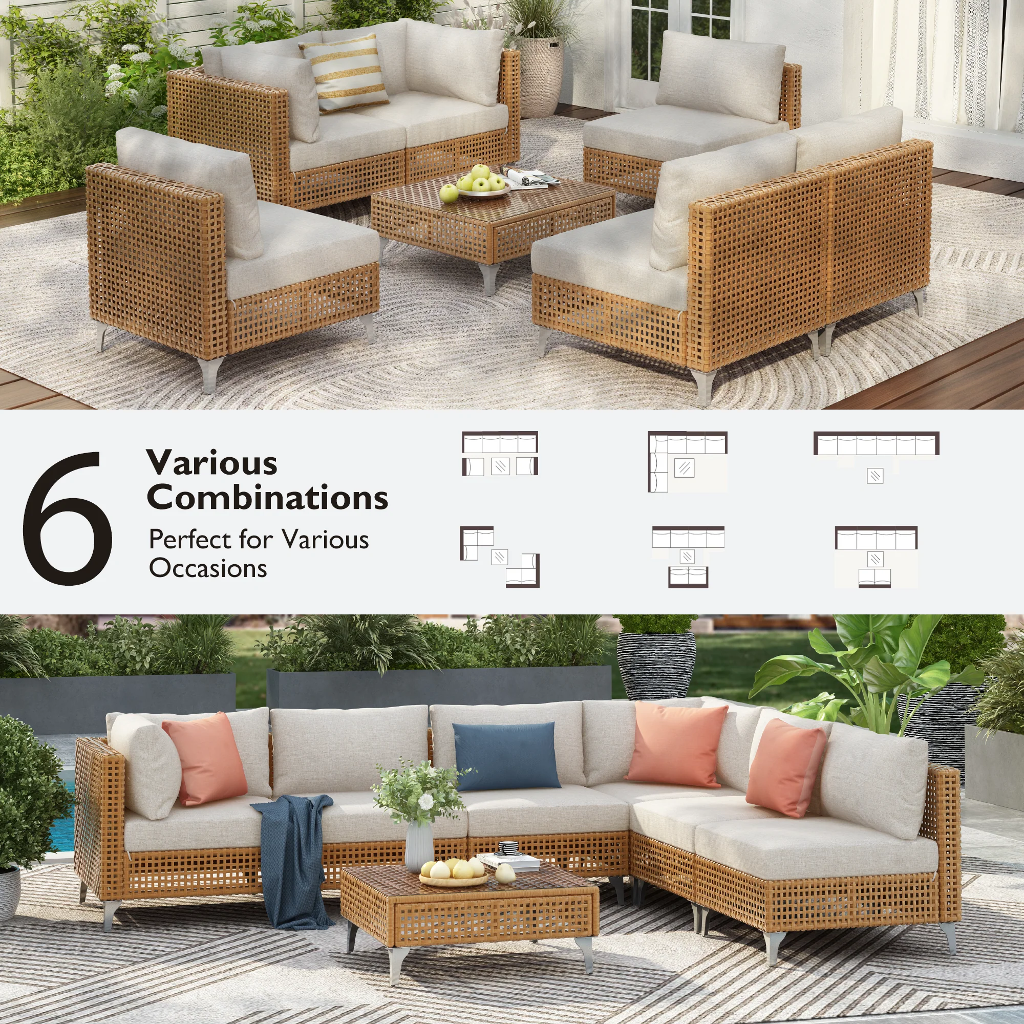 Outdoor 7-Piece Wicker Conversation Sectional Sofa Set with Cushions and Coffee Table - Image 7