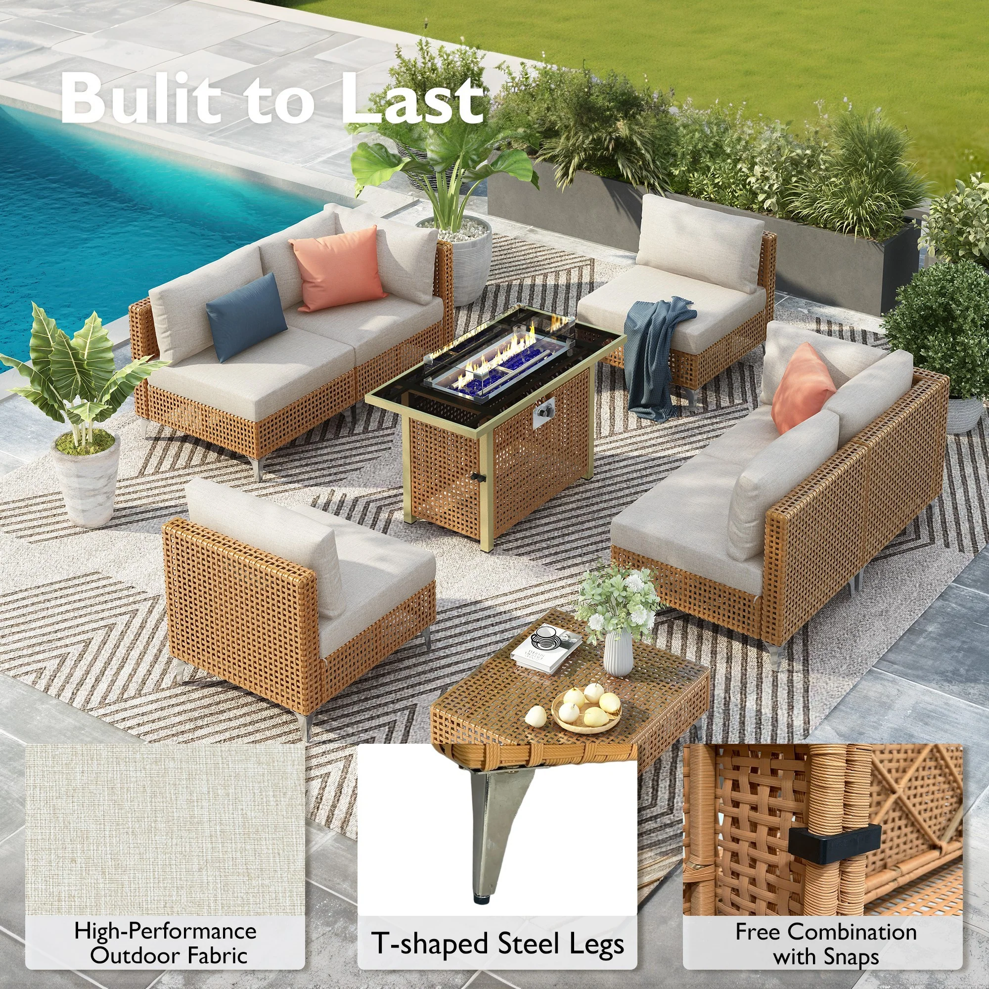 Outdoor 7-Piece Wicker Conversation Sectional Sofa Set with Cushions and Coffee Table - Image 8