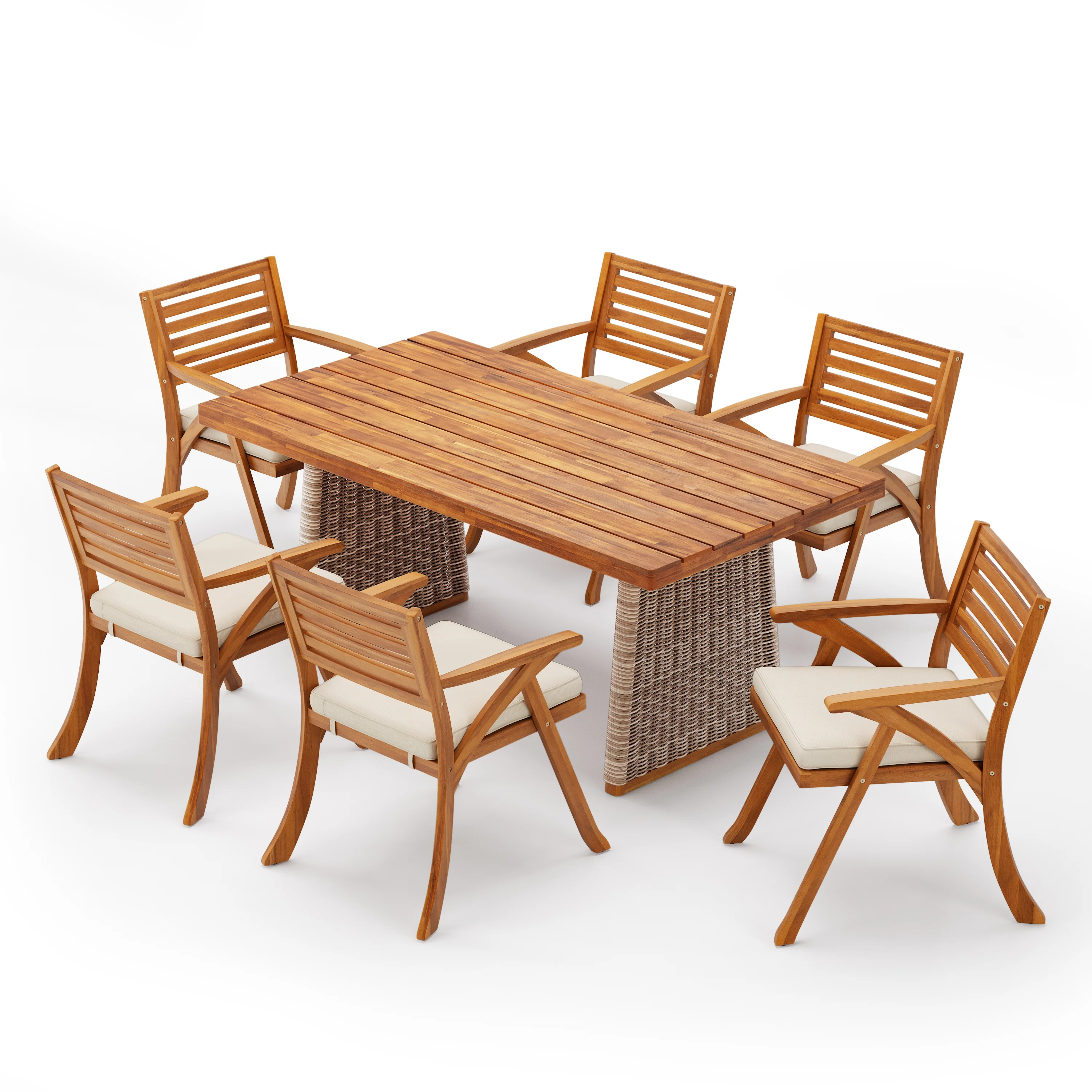 Outdoor 7 Pieces Acacia Wood Dining Set with Handwoven Rattan Legs - Image 2