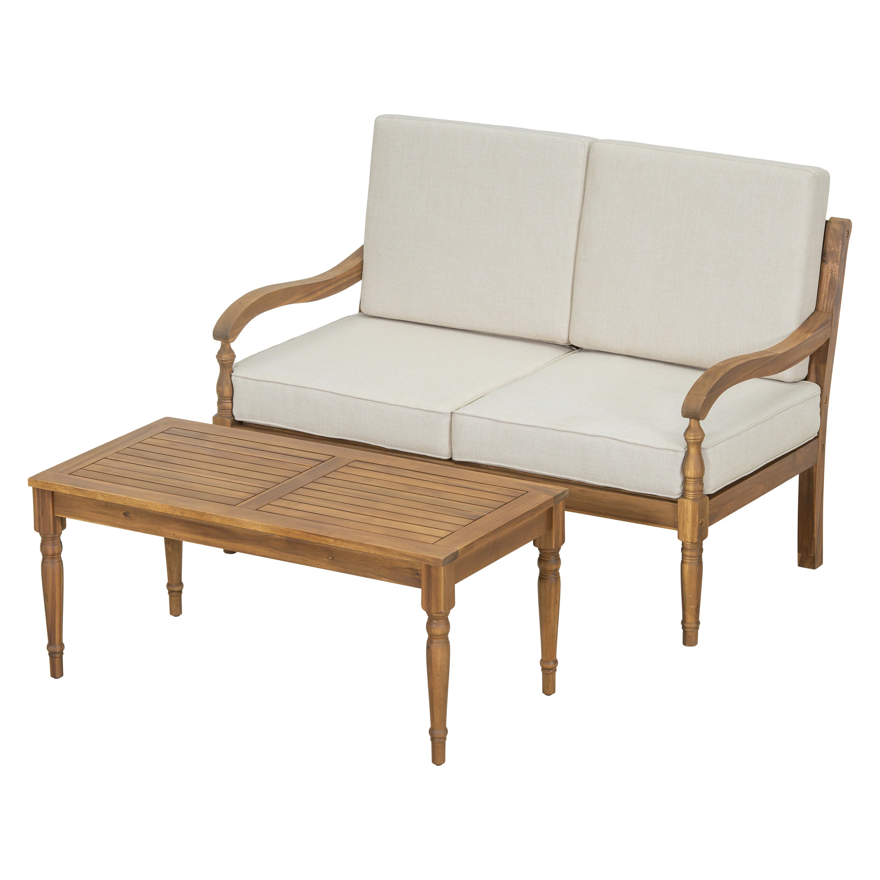 Walker Edison | Outdoor Acacia Wood 2 Piece Loveseat Sofa with Table - Image 2