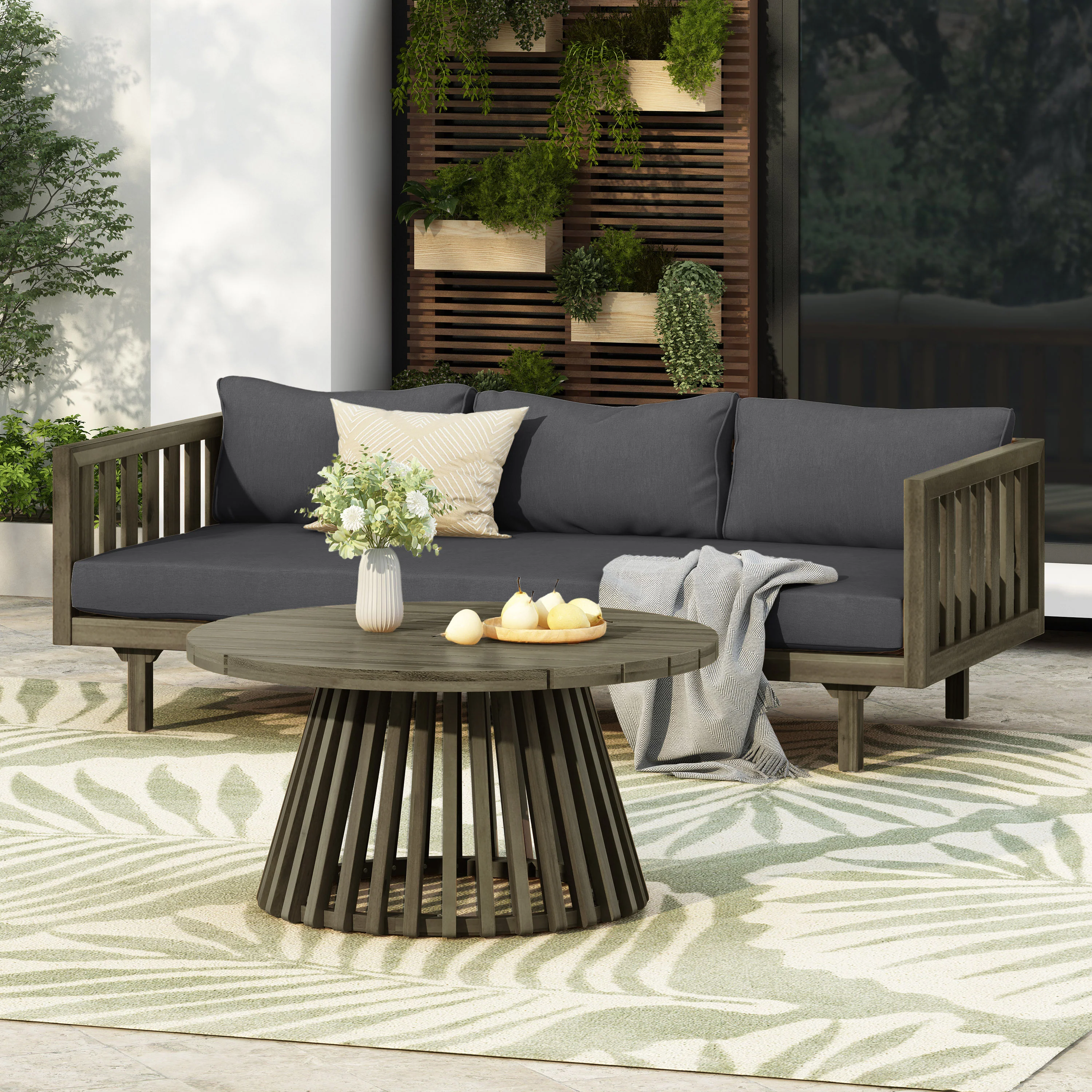 Outdoor Acacia Wood Deep Seat Daybed Patio Furniture Set with Cushions & Table