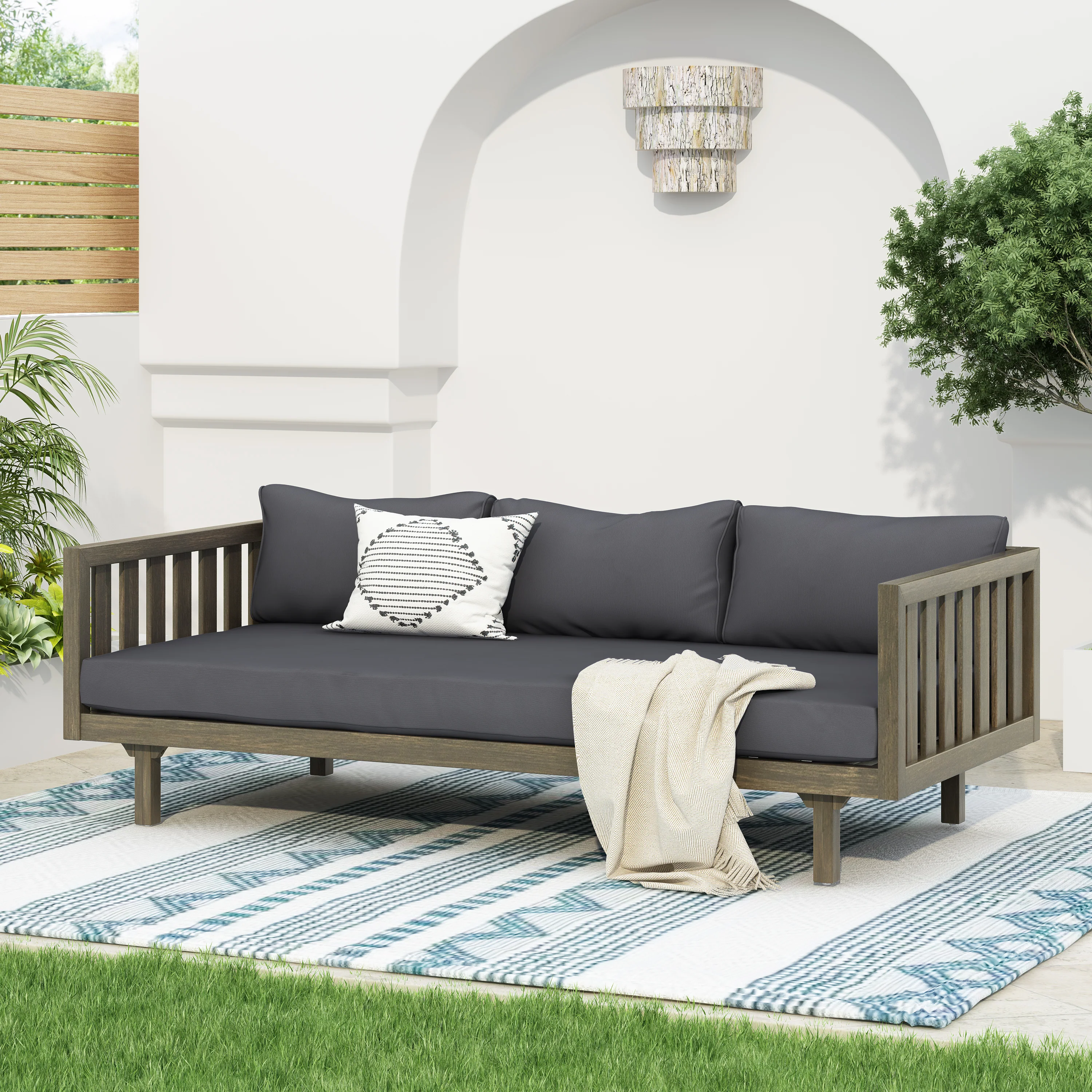Outdoor Acacia Wood Deep Seat Daybed Patio Furniture Set with Cushions & Table - Image 2
