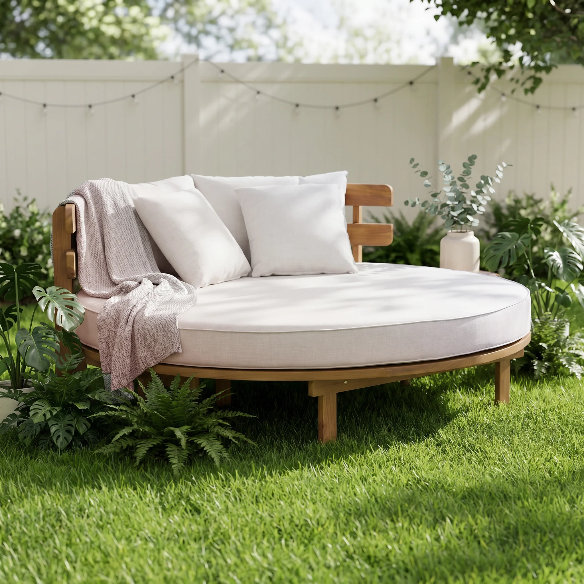 Outdoor Acacia Wood Round Lounger Daybed - Image 2