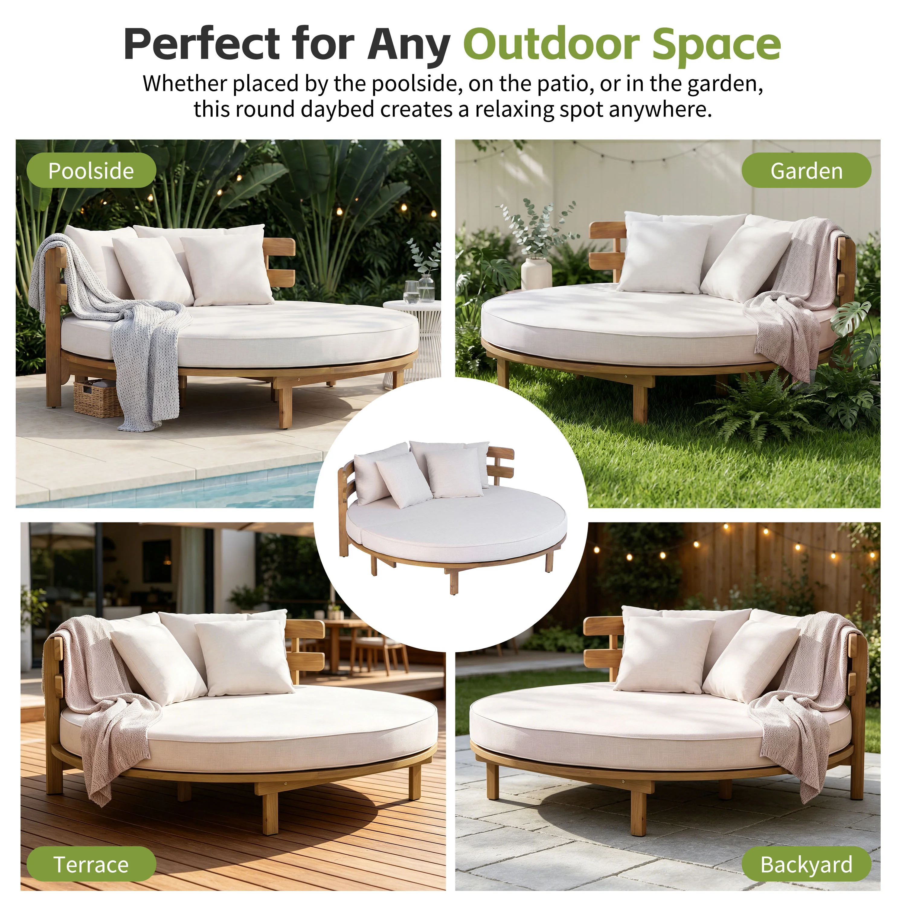 Outdoor Acacia Wood Round Lounger Daybed - Image 3