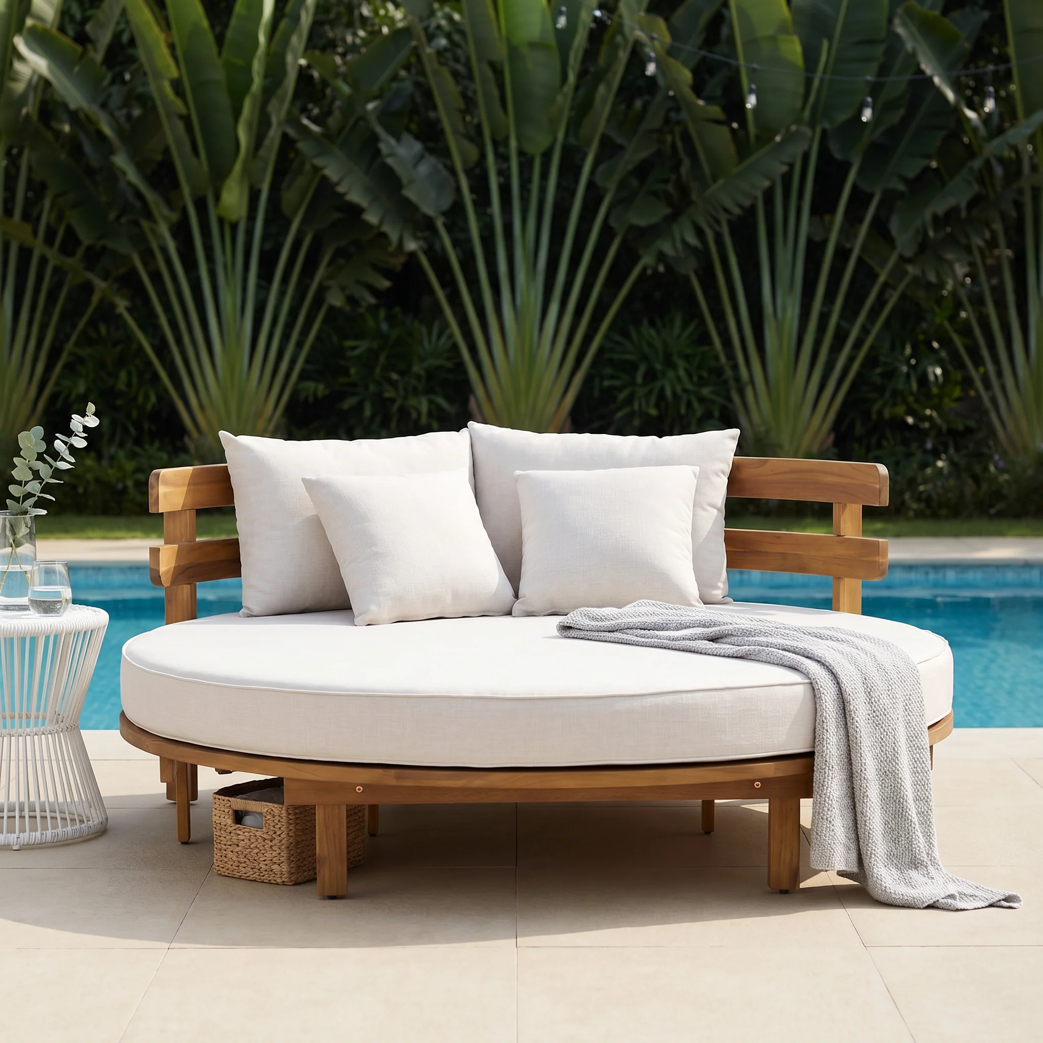 Outdoor Acacia Wood Round Lounger Daybed - Image 5