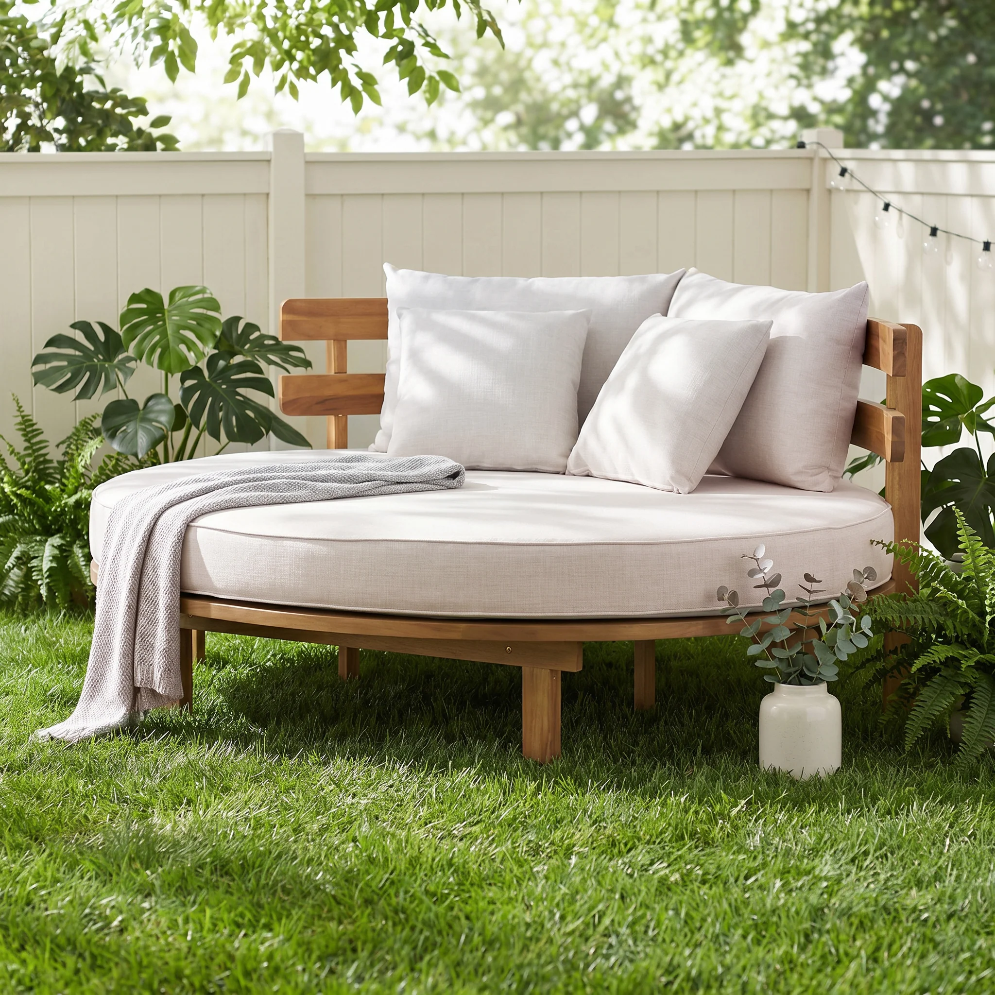 Outdoor Acacia Wood Round Lounger Daybed - Image 6
