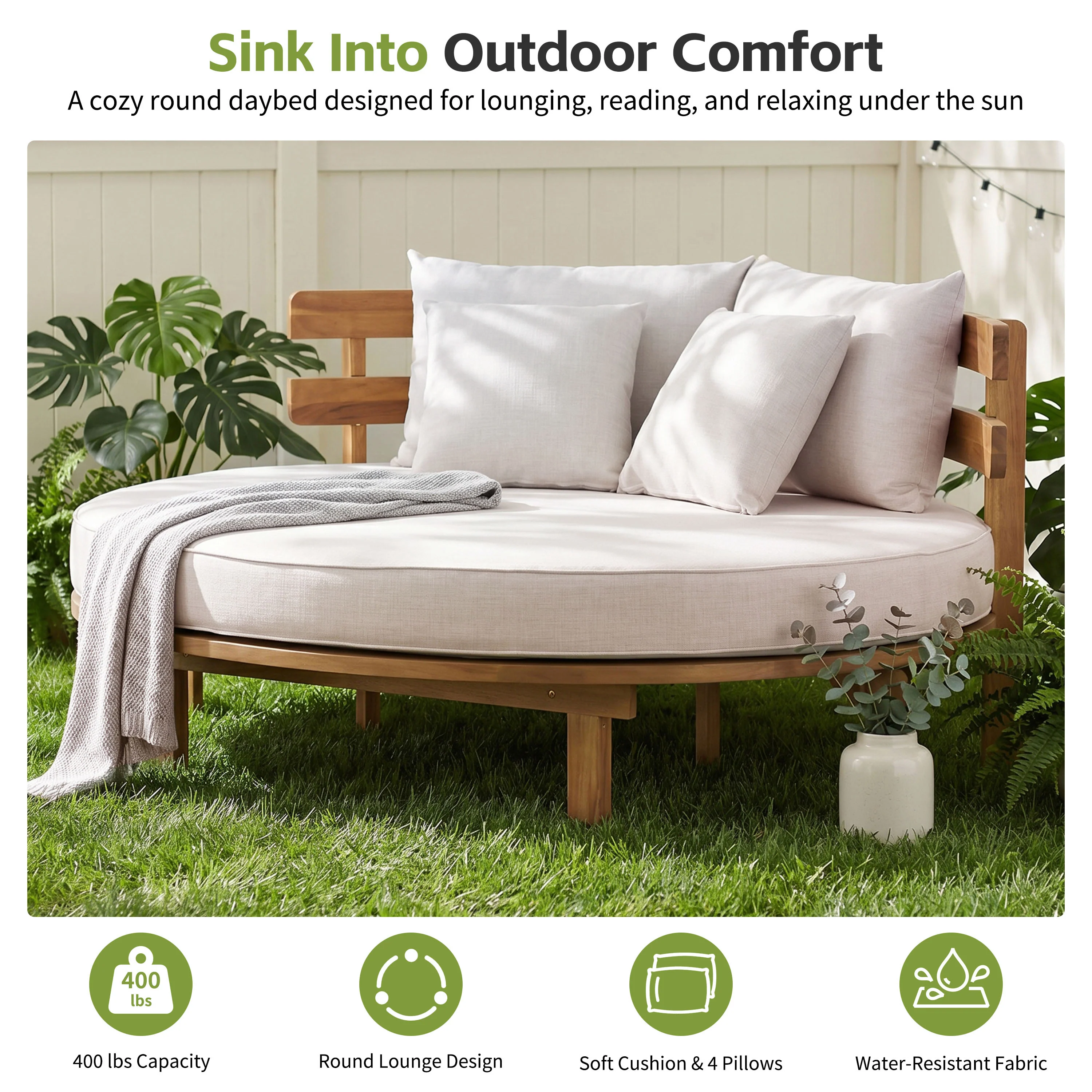 Outdoor Acacia Wood Round Lounger Daybed - Image 7