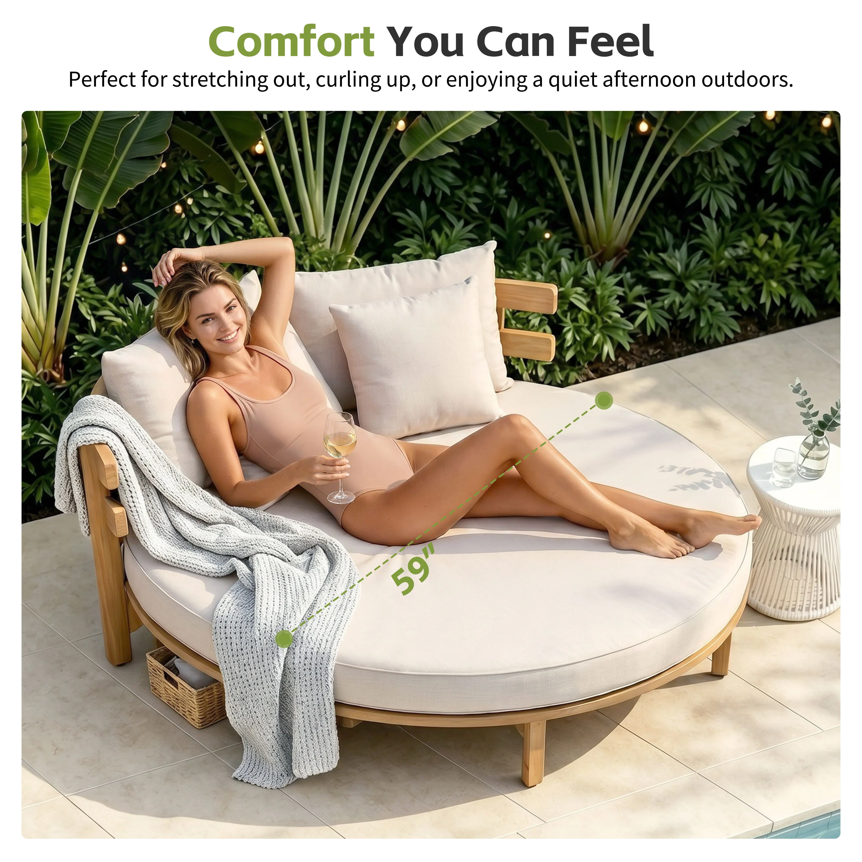 Outdoor Acacia Wood Round Lounger Daybed - Image 8