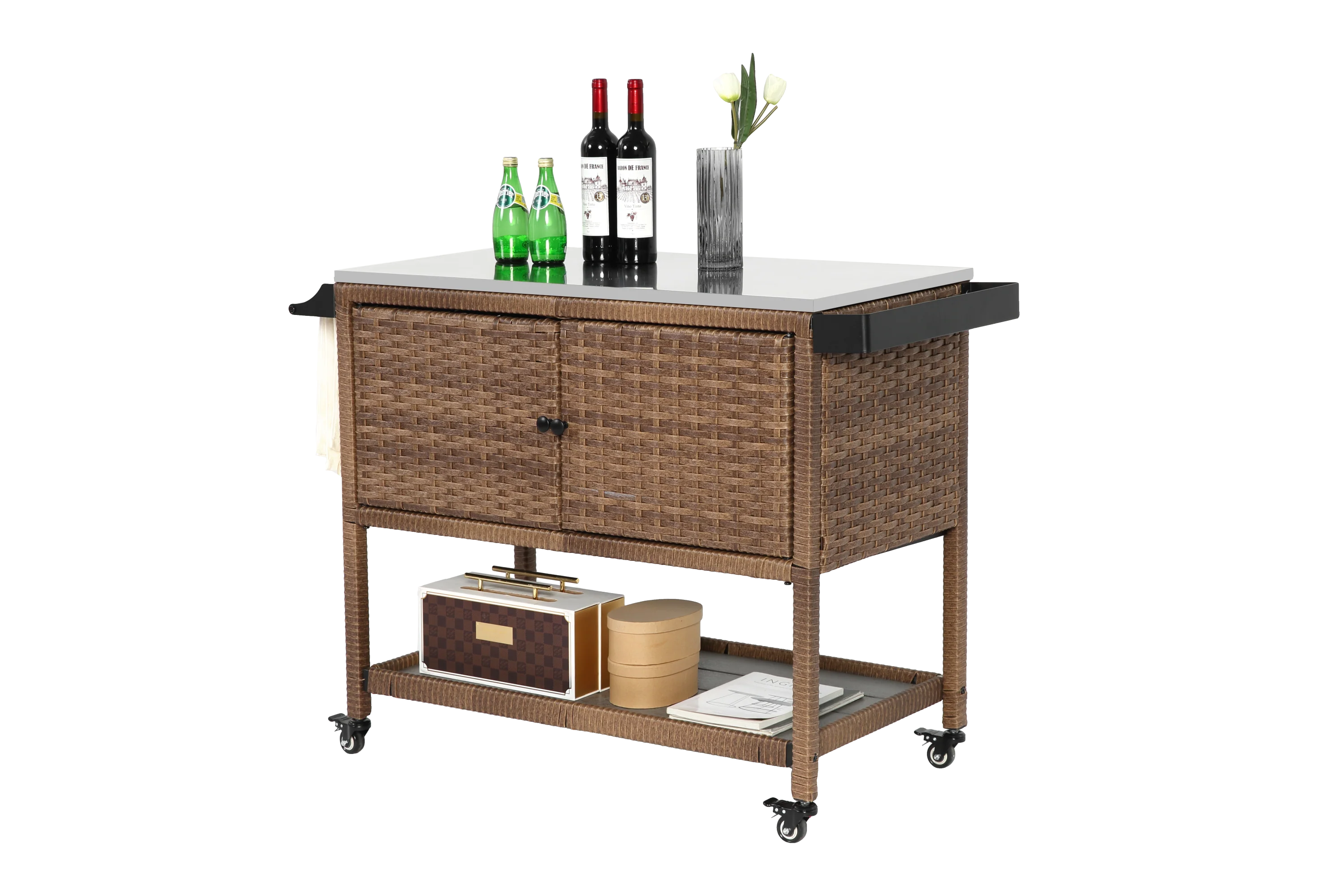 Walker Edison | Outdoor Brown Wicker Bar Cart - Image 2