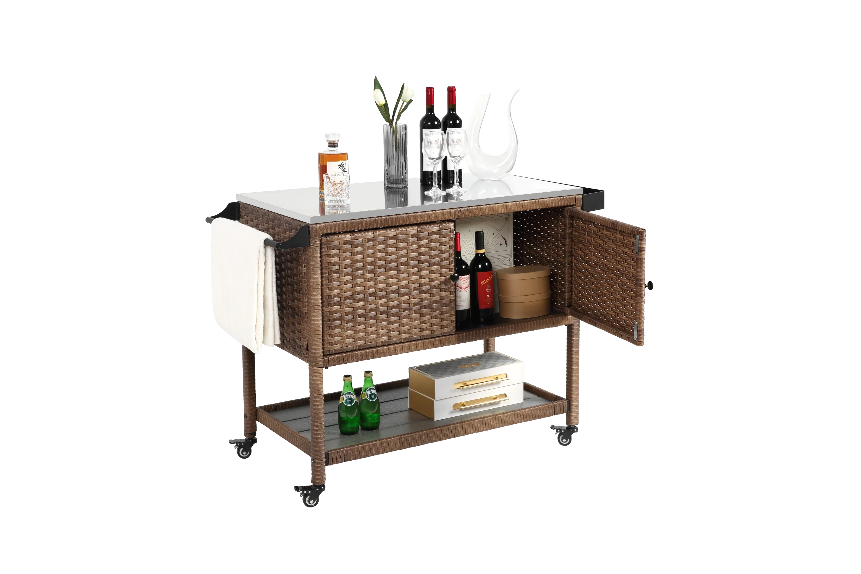 Walker Edison | Outdoor Brown Wicker Bar Cart - Image 5